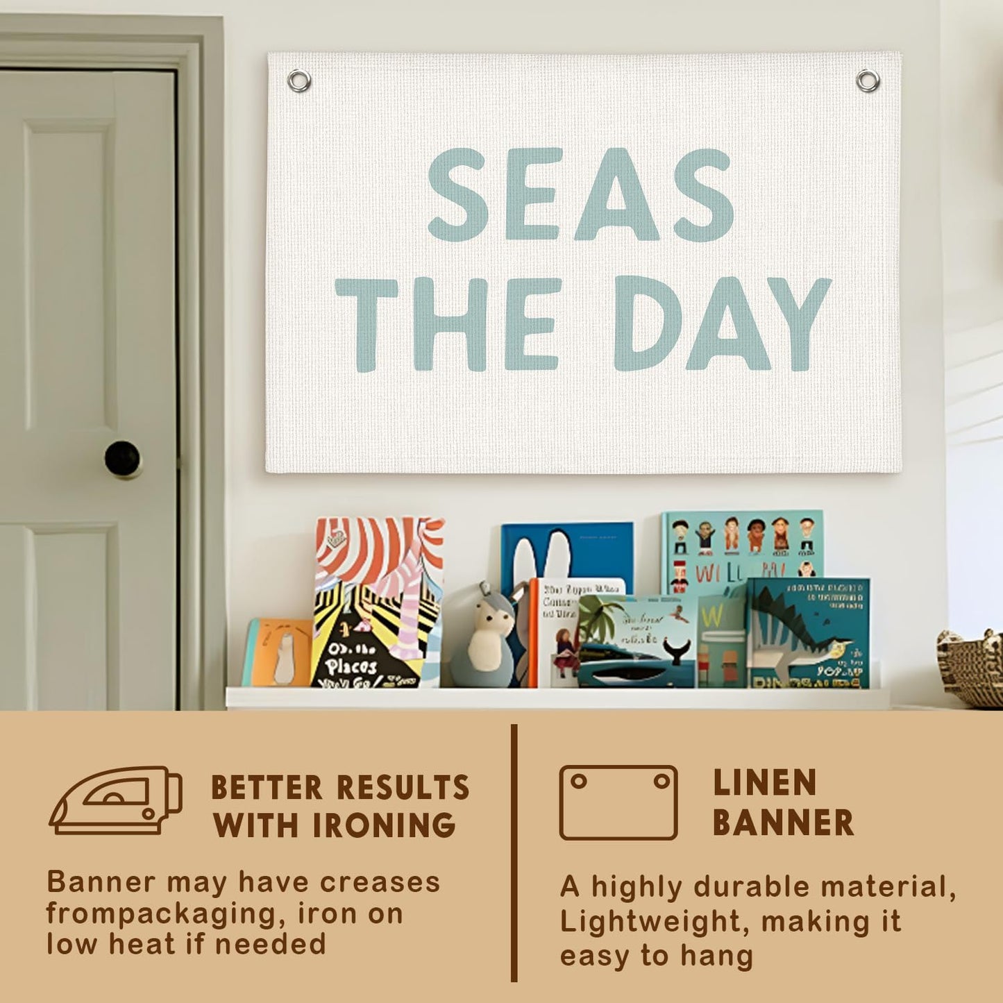 Lacama Beach Theme Wall Decor for Boys Room, Coastal Kids Playroom Nursery Hanging Sign, Seas The Day Linen Canvas Banner, Rustic Nautical Surf 30x20 Inch