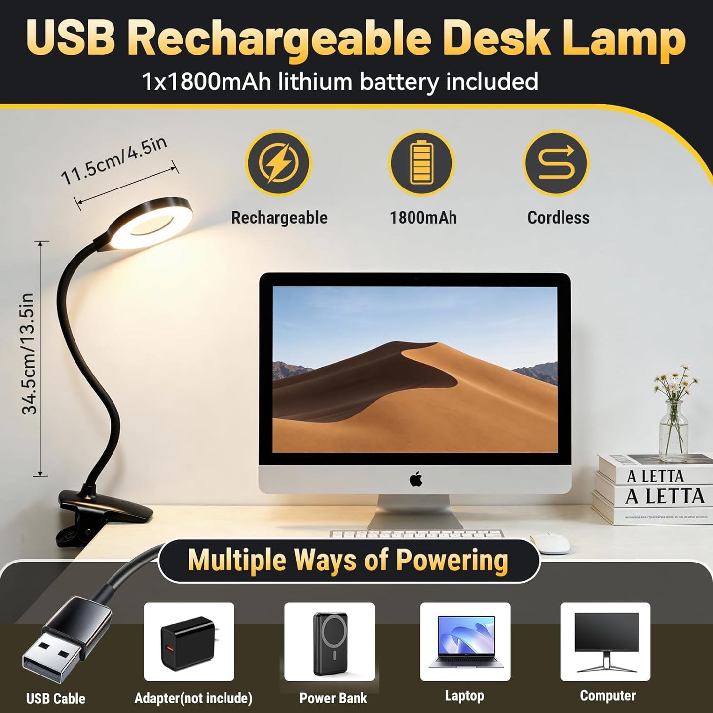 Clip on Reading Light for Bed Headboard, Rechargeable Battery with Large Clamp, 5 Colors & 5 Brightness Flexible Neck Desk Lamp, Eye Protection LED Touch Control Book Light for Kids, Bunk Bed, (Black)
