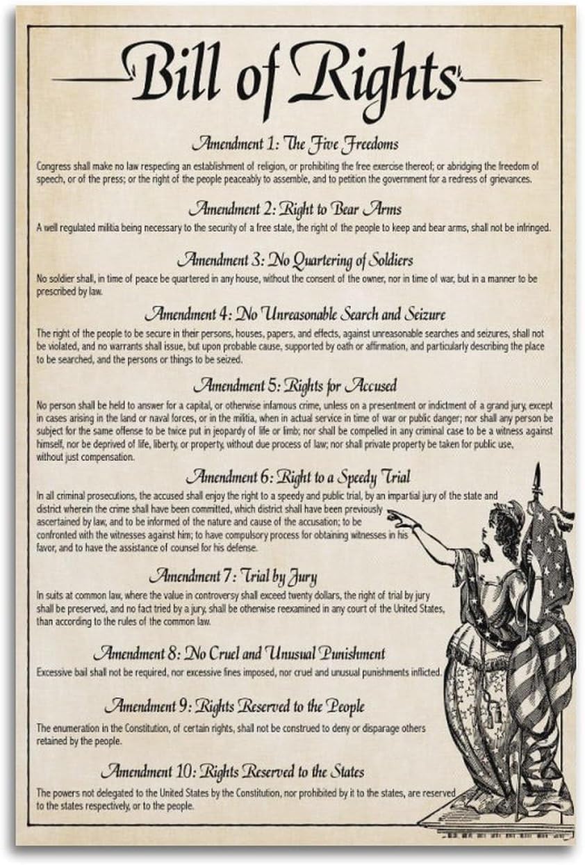 Vintage Poster The U.S. Constitution The Bill of Rights US History Government Classroom School Poste Painting Canvas Wall Posters Art Picture Print Modern Family Decor Posters 12x18inch(30x45cm)