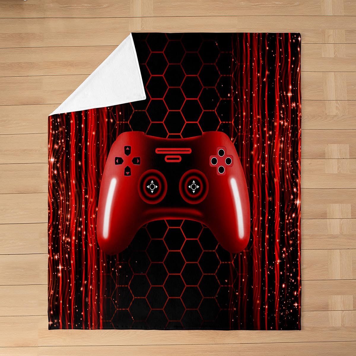 Erosebridal Kids Gamer Fleece Blanket for Boys Twin 60x80 Burgundy Red Gaming Flannel Blanket for Kids Teens Neon Lights Video Games Fuzzy Plush Throw Striped Honeycomb Hexagon Geometric Pattern