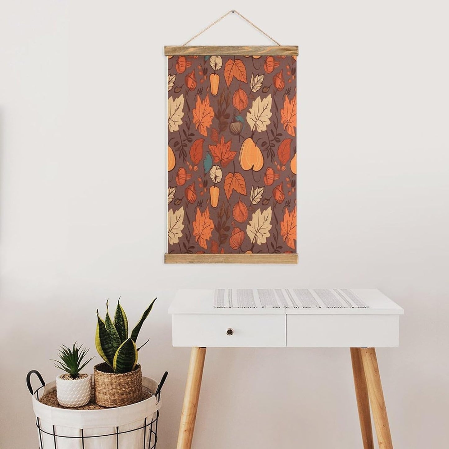 Vintage Fall Poster with Wooden Frame Personalized Linen Hanging Scroll Painting Rustic Wall Hanging Illustrative Modern Artwork Decor for Home Living Room Bedroom Office