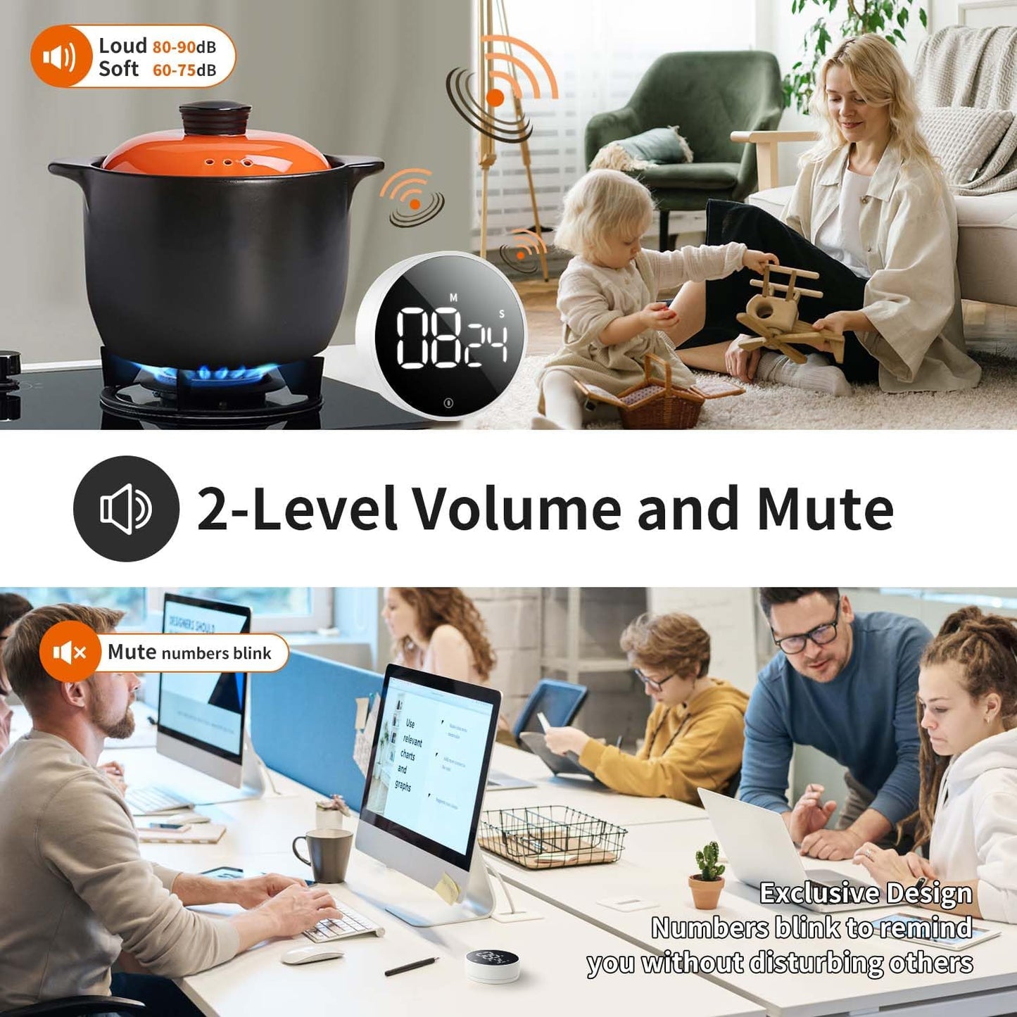 VOCOO Digital Kitchen Timer - Magnetic Countdown Countup Timer with Large LED Display Volume Adjustable, Easy for Cooking and for Seniors and Kids to Use (White)