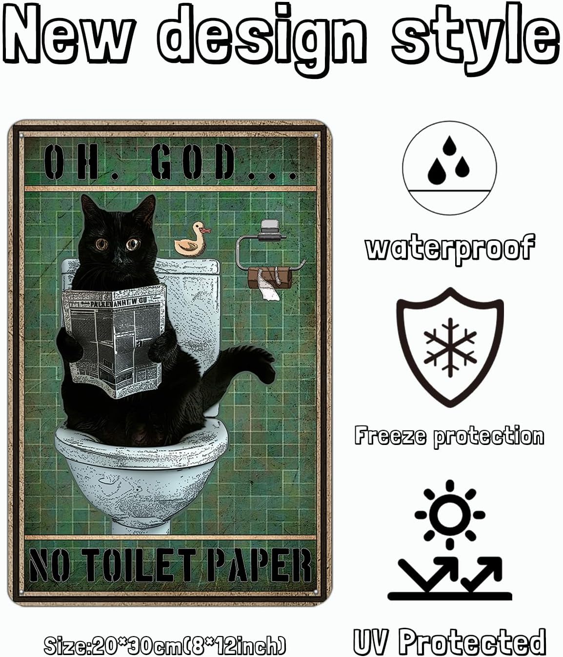Vintage Funny Black Cat Sign, OH, GOD...NO TOILT PAPER Funny Cat Reading Newspaper in Bathroom Sign, Wall Decor for Bathroom Retro Tin Sign, Cat Decor For Cat Lovers 8 * 12″
