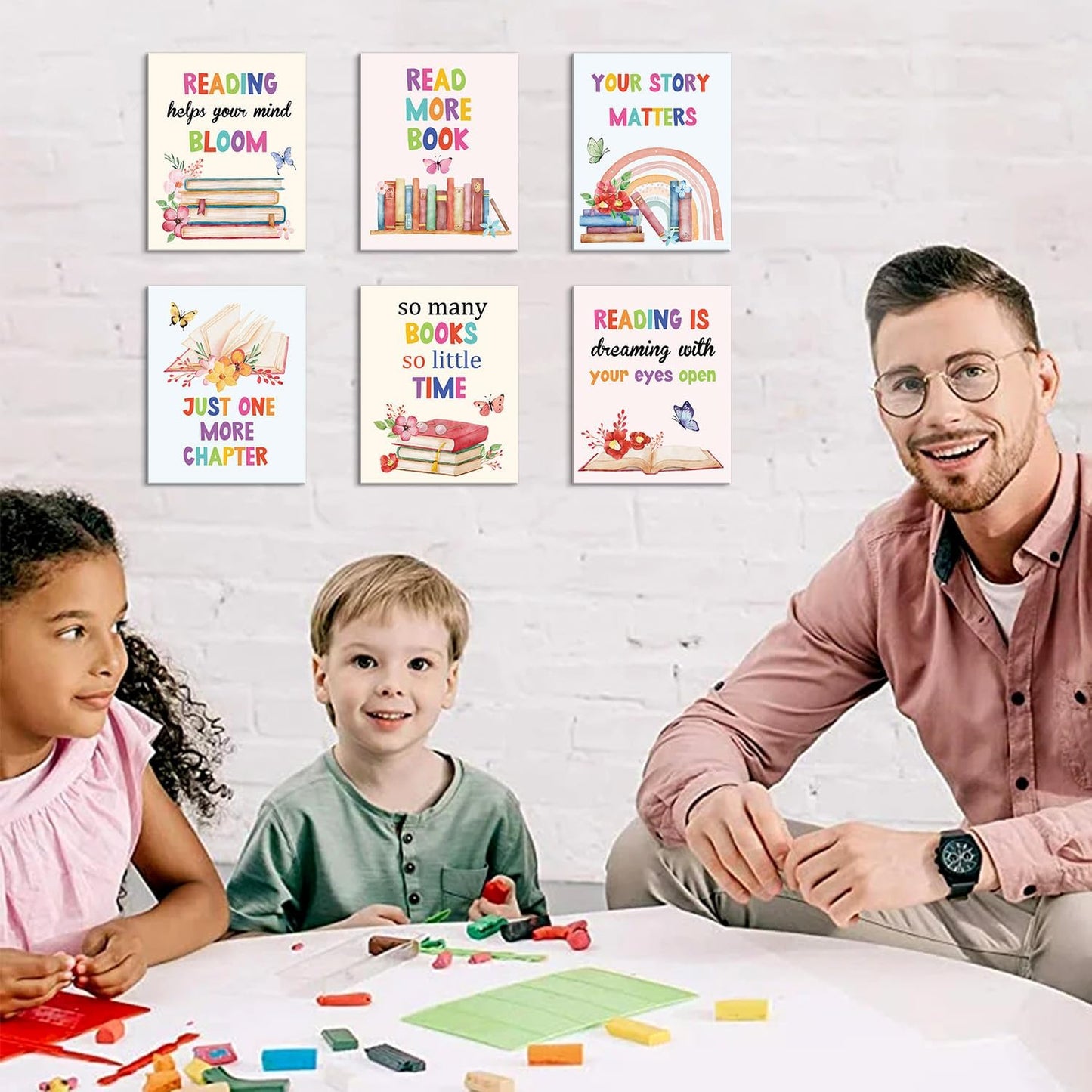 HOURIA 6Pcs Framed Classroom Reading Corner Canvas Wall Art(8"x10"),Inspirational Classroom Library Poster Wall Decor, So Many Books So Little Time Art Print for Nursery Middle School Student