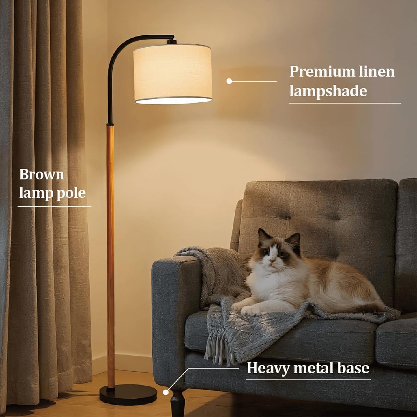 66” Brown Black Arc Floor Lamps for Living Room, 1200 Lumens 3-Level Brightness Wood Floor Lamp for Bedroom, Vintage Mid Century Black Standing Lamp, Adjustable Lampshade, LED Bulb Included