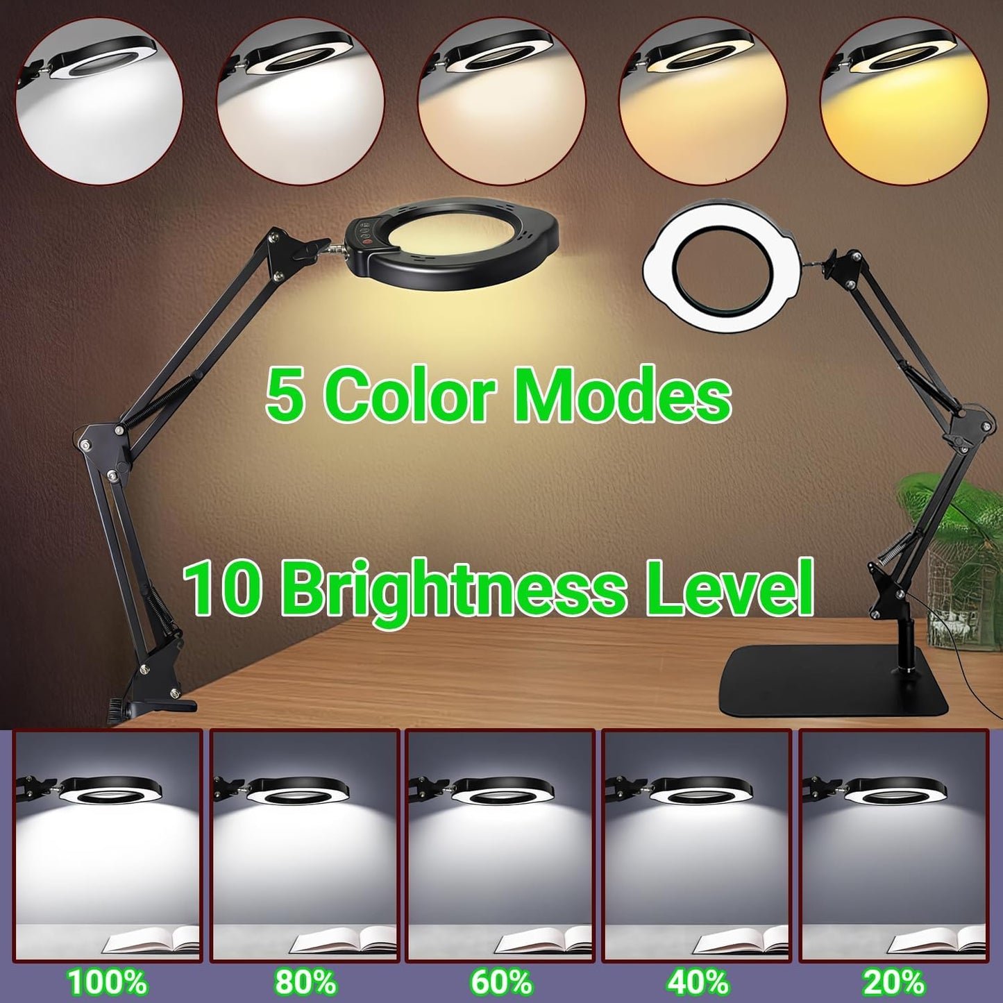 15X Magnifying Glass with Light and Stand, 5 Color Modes 10 Levels Adjustable Brightness, 2-in-1 Desk Lamp with Clamp, Hands Free LED Light Magnifier for Craft Hobby Reading Repair Close Works