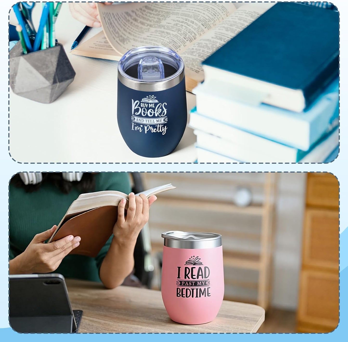 Sieral 12 Pcs Book Club Gift Valentine's Day Gift for Book Lovers Reading Cups Bulk 12 oz Double Wall Vacuum Insulated Literature Bookish Librarian Tumbler Mugs with Lid Translucent Box Red Ribbon