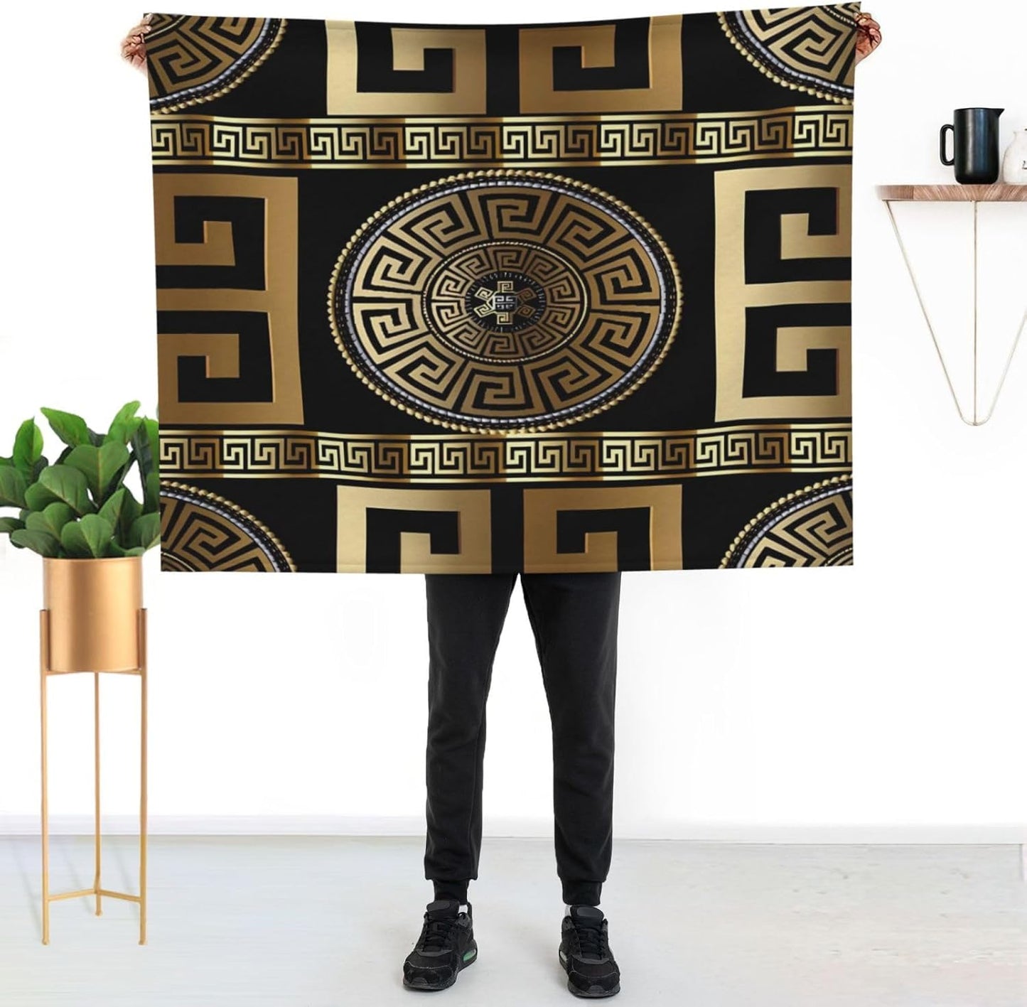 Retro Black Gold Greek Key Meander Luxury Blanket Throw Bedding Room Decor Flannel Blankets for Bedroom Living Rooms Warm All Season 50"X40"