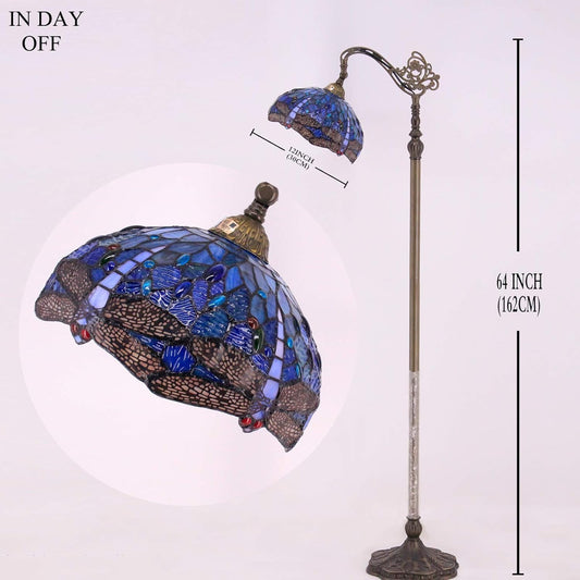 WERFACTORY Tiffany Floor Lamp Blue Stained Glass Dragonfly Arched Lamp 12X18X64 Inches Gooseneck Adjustable Corner Standing Reading Light Decor Bedroom Living Room S631 Series