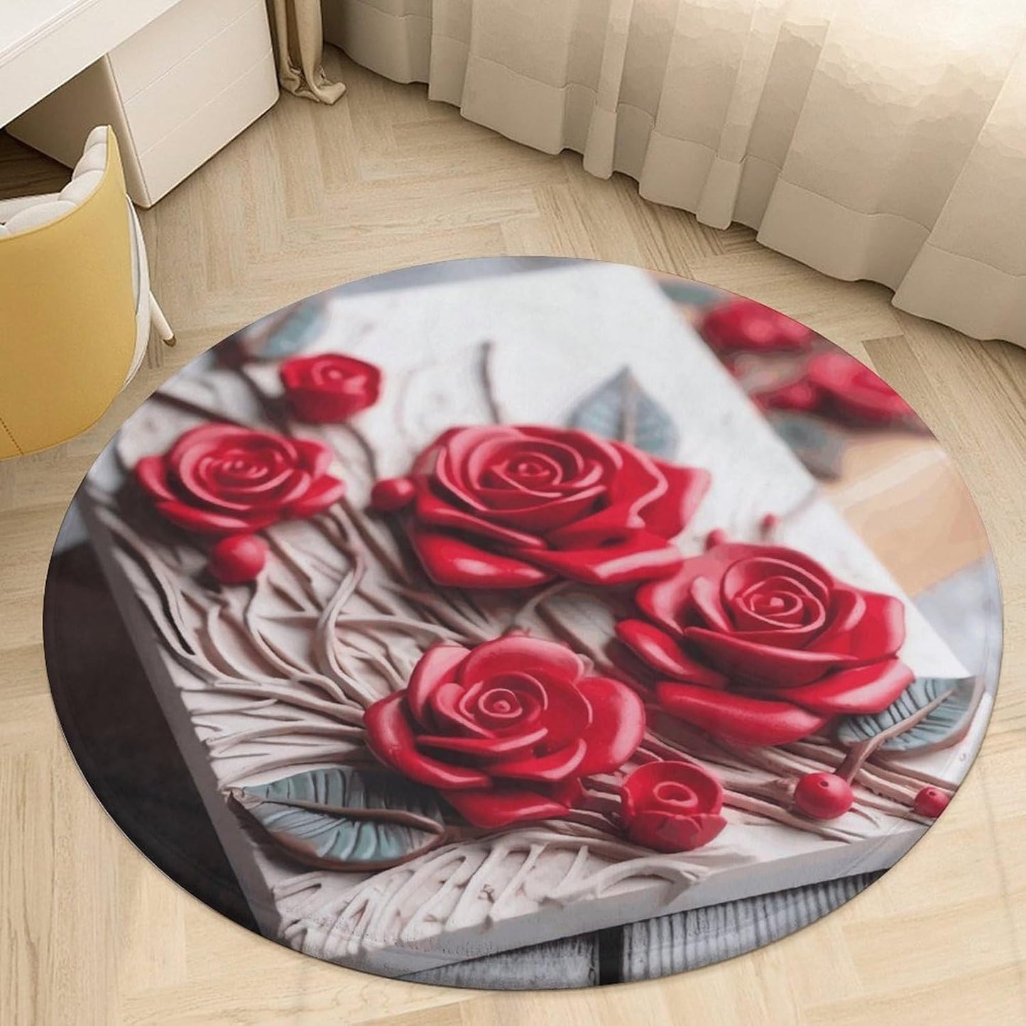 Roses on Wooden Board Circle Rug Retro Luxury Coral Velvet Floor Mat Non Slip Soft Indoor Floor Carpet Comfy Thickened Area Rugs Modern Aesthetic Minimalist Carpets for Home Decor