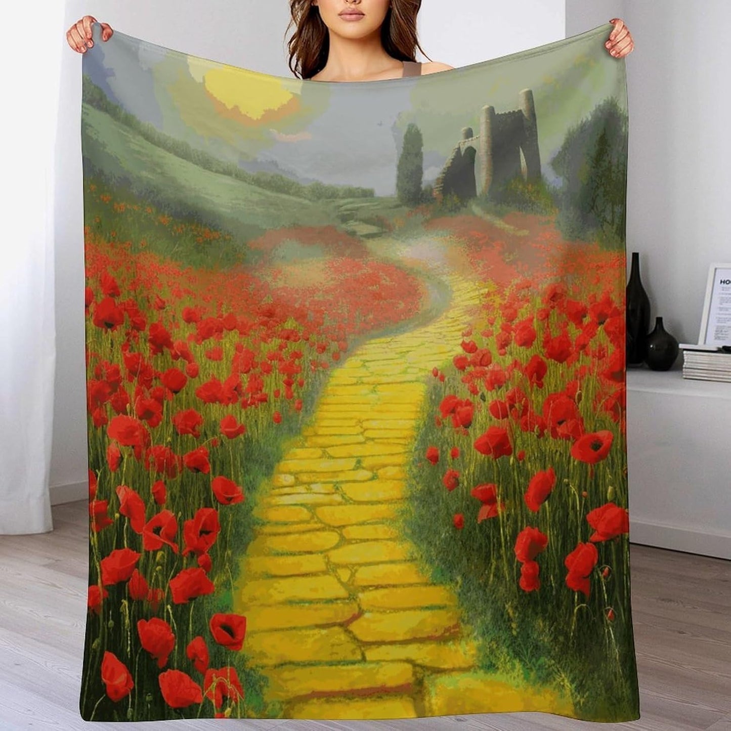 Poppies Field Yellow Brick Road Blanket Super Soft Lightweight Throw Blanket Cute Cozy Warm Bed Blanket Decorative Fuzzy Blanket All-Season Home Decor Gift for Sofa Couch Living Room 60"*80"（150*200cm