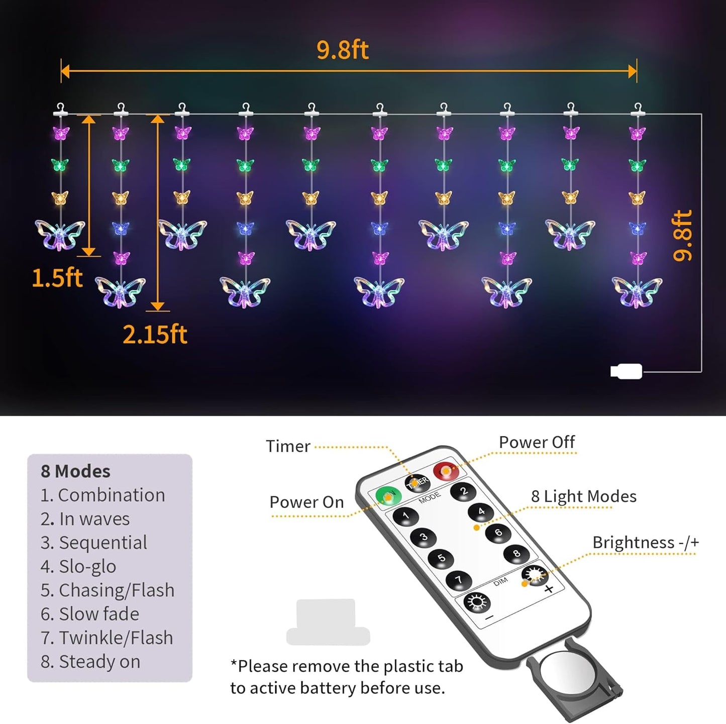 YOLIGHT Butterfly Curtain Lights for Bedroom 9.8ft LED Twinkle Fairy Light with Remote Timer Cute String Lights Wall Décor for Kids Girls Room Bed Canopy Wedding Easter Decoration (Multicolor)