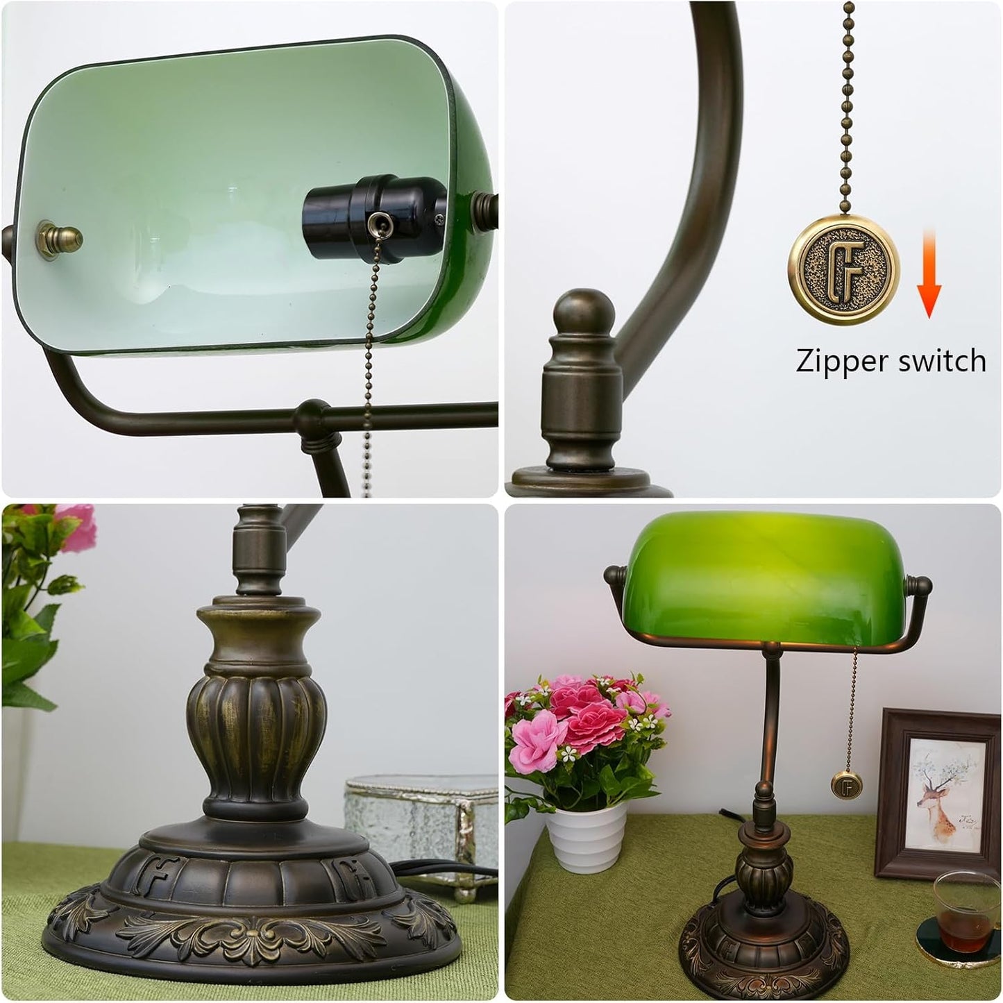 Green Bankers Lamp Vintage Glass Banker's Desk Lamps with Bedroom Bedside Study Zipper Pull Chain Switch LED library Reading Desk Light Retro Office Adjustable Nightstand Aesthetic Antique Table lamp