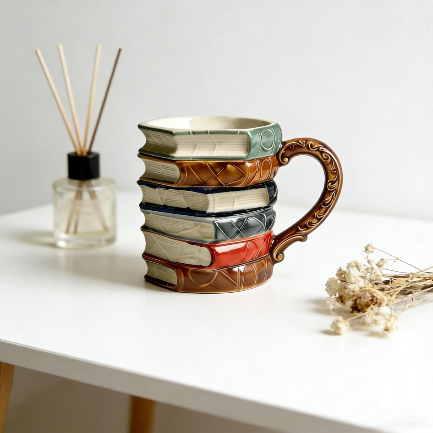 3D Painted Book Stack Coffee Mug, Hand Painted Ceramic Cup with Ornate Handle, Novelty Book Lover Gift, Multicolor Design (classic)