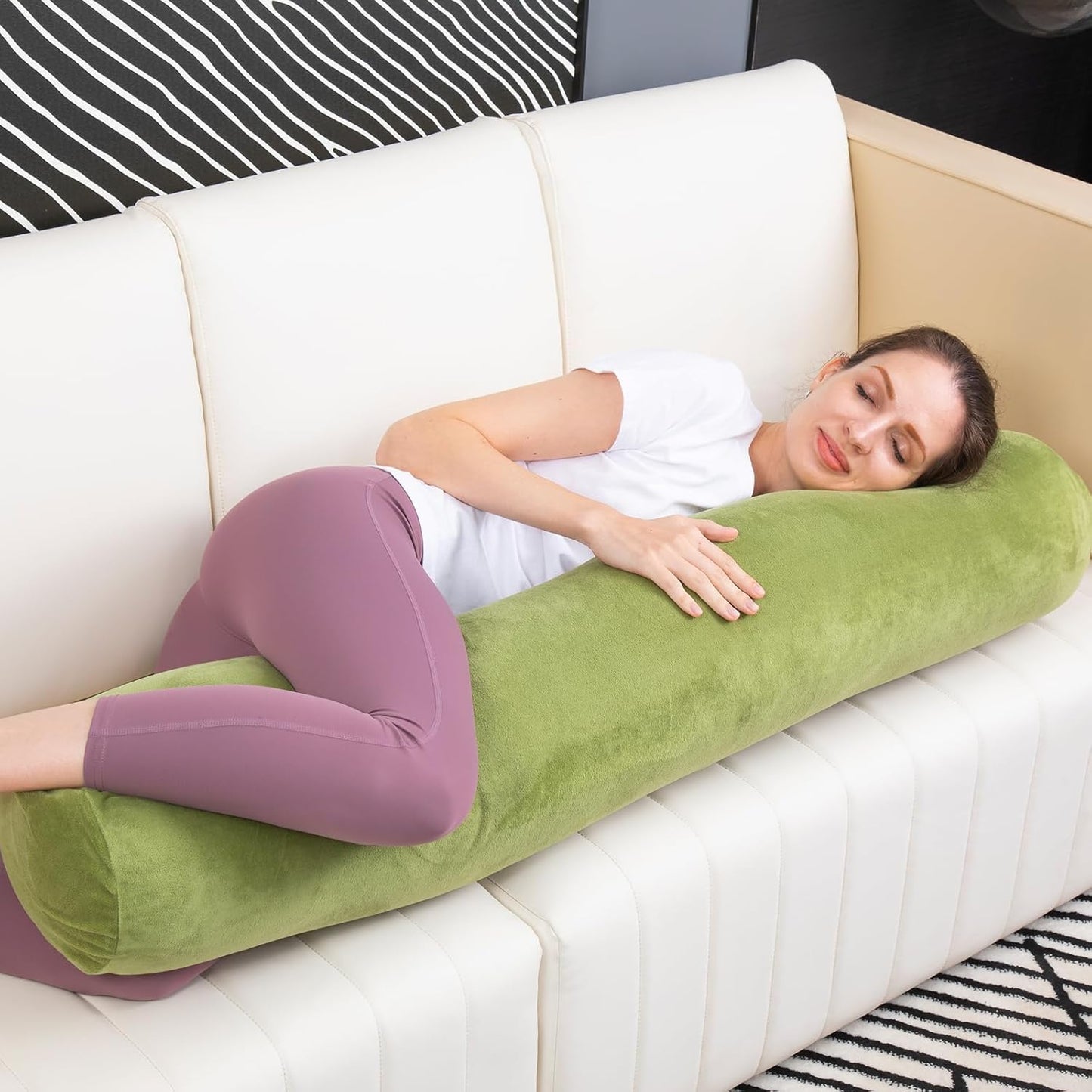 Bolster Pillow for Bed, Long Round Body Pillow for Adults with Removable Velvet Cover, Decorative Tube Roll Cylinder Pillow, 47 x 7.87 Inch, Green