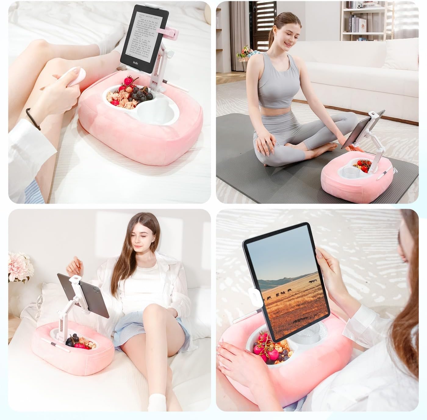Tablet Pillow Stand, Adjustable Kindle Holder with 2 Snack Bowls, 360° Adjustable iPad Stand for Bed with 4.7''-13'' iPad, Kindle, Phone, Gift for Reading Accessories on Bed, Sofa, Pink