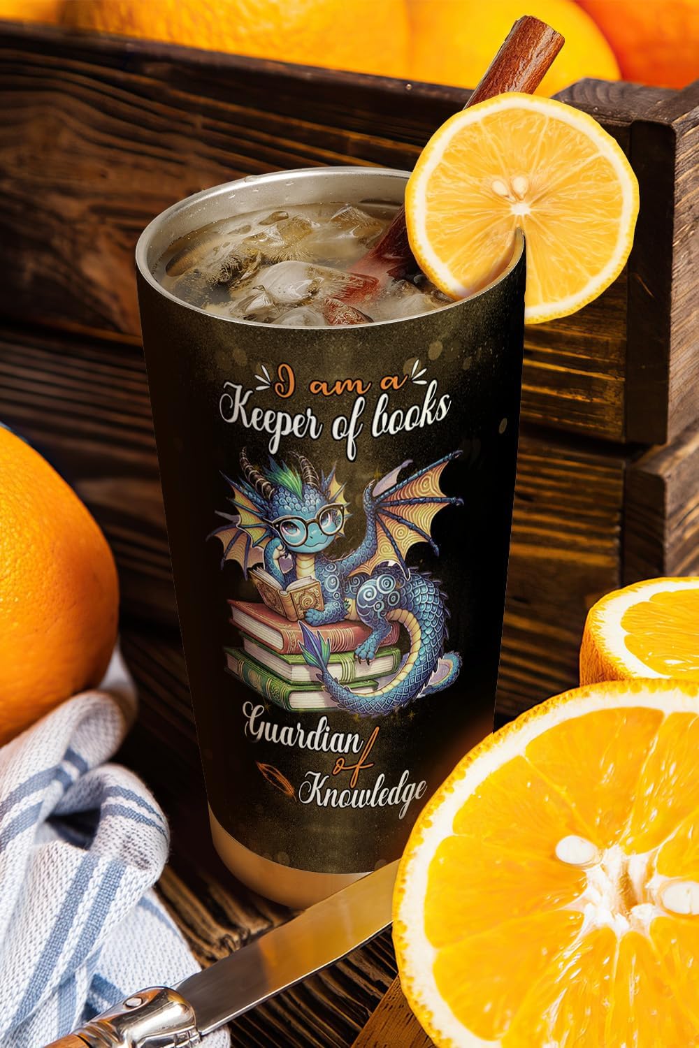 20oz Book Dragon Tumbler, Librarian, Reading Gifts for Dragon Lovers, Keeper of Books Guardian of Knowledge Coffee Tumbler, Stainless Steel Double Wall Vacuum Insulated Coffee Mug, Travel Cup with Lid