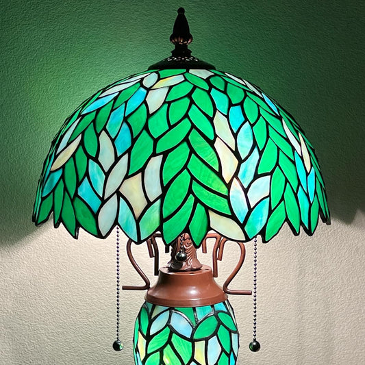 Tiffany Table lamp with nightlight, Green Wisteria Stained Glass Desk Light - Antique 3-Lights Medium Nightstand Bedside Reading Light for Living Room Bedroom Office