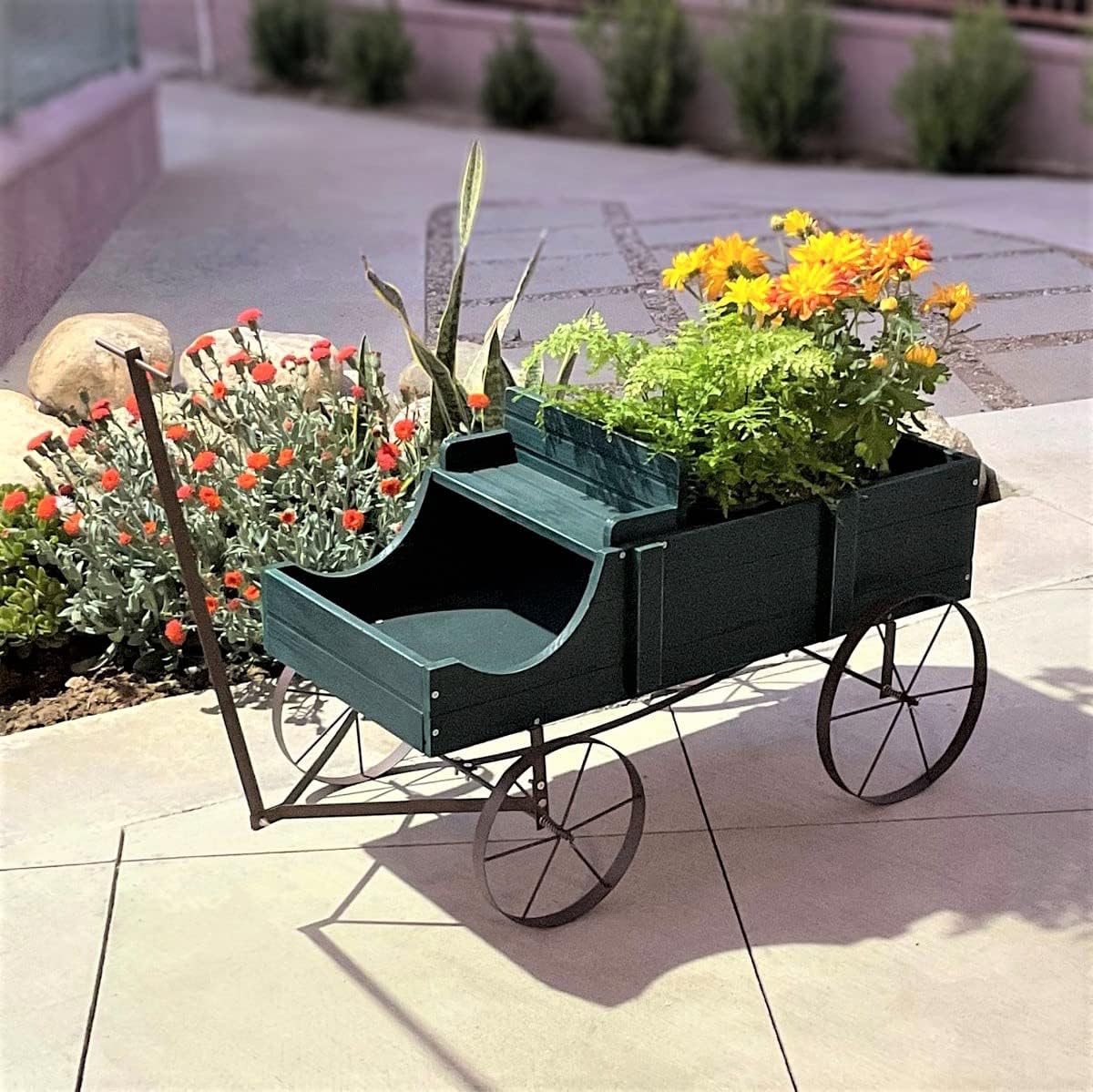 Shine Company Decorative Large Buckboard Wagon Garden Planter - Green