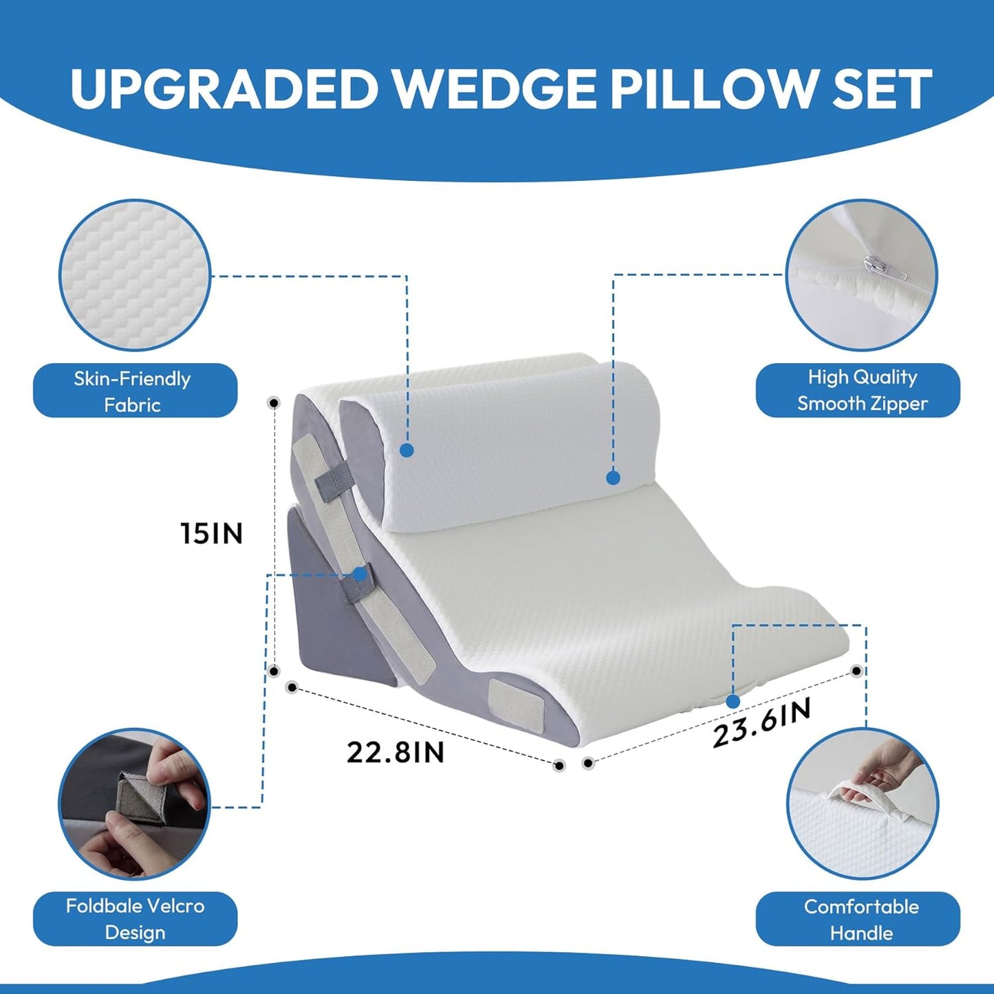 Foam Wedge Pillow Set — 3-Piece, 10-in-1, for Post Surgery, Acid Reflux, Back Pain & GERD Relief (White)