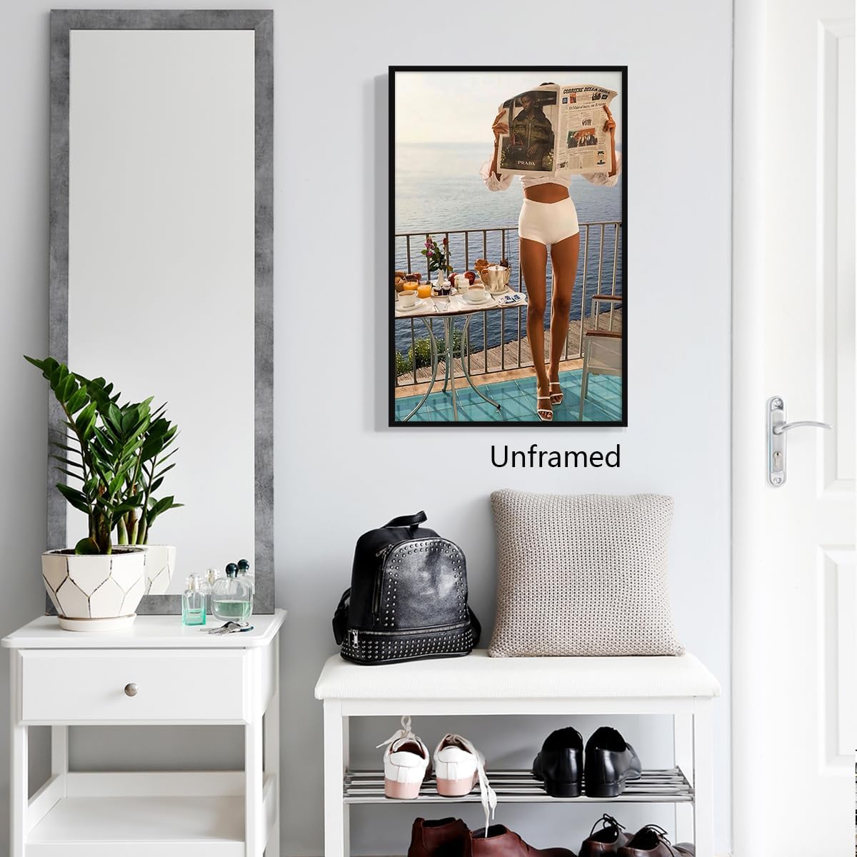 Woman Reading Newspaper Canvas Wall Art, Fashion Magazine Cover Old Money Aesthetic Poster, Summer Coastal Elegant Girly Breakfast Print for Kitchen, Feminist Photography Art 8x12in Unframed