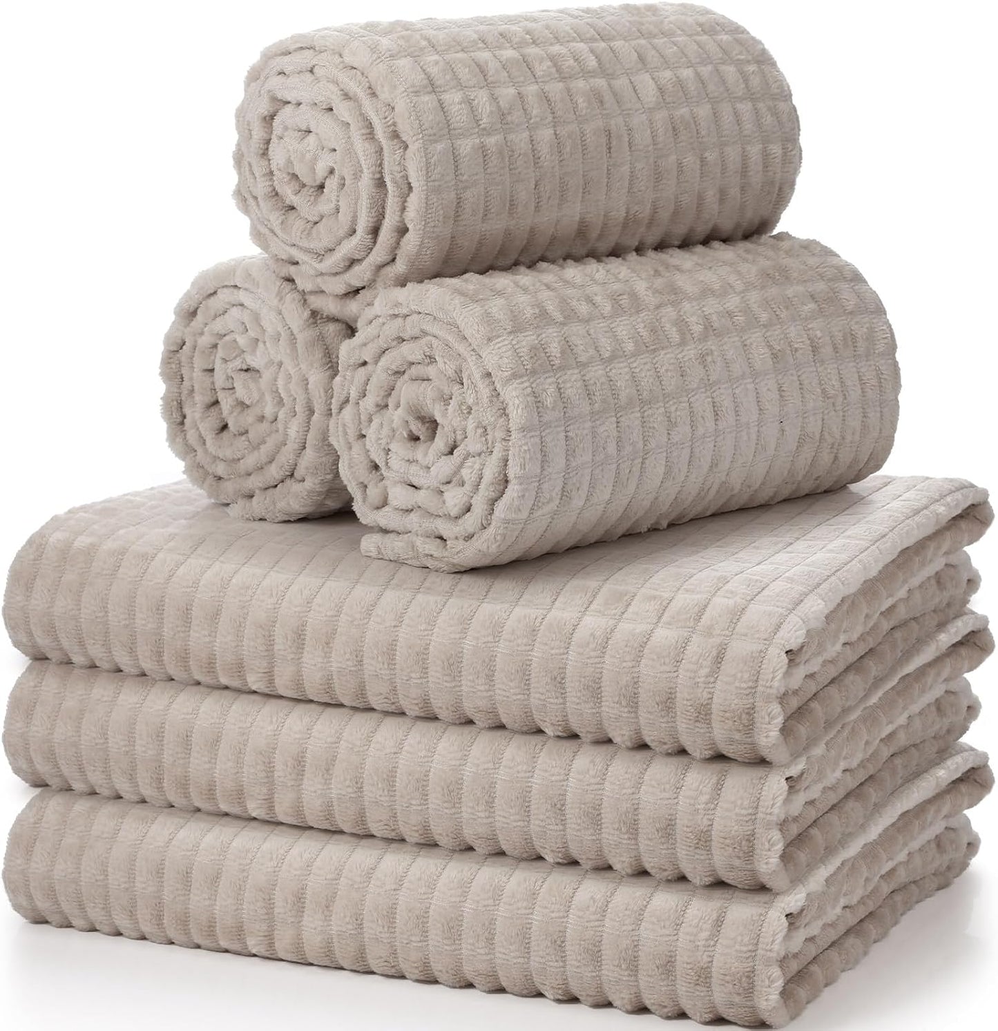 Buryeah 6 Pcs Flannel Fleece Throw Blanket Bulk 50 x 60 Inch Wedding Throw Blanket 3D Jacquard Grid Design Soft for Couch Sofa Chair Donation Homeless Gift (Camel)