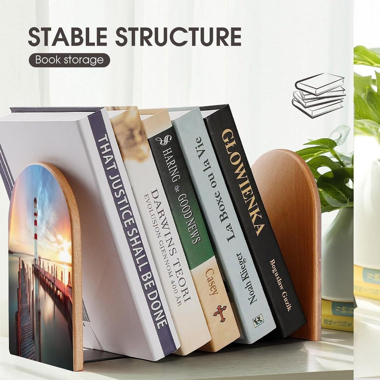 Rainbows Lighthouse Seaside Wooden Bookend Non-Slip Book Ends Heavy Duty Book Stopper with Metal Base Books Holderd Decorative Bookends Stands Firmly for Office Supplies