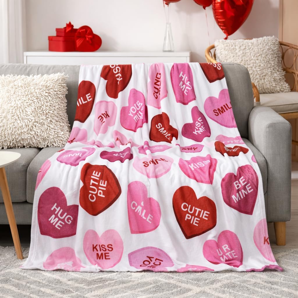 Valentines Flannel Throw Blanket 50" x 60", Pink Candy Hearts Soft Fuzzy Plush Cozy Fleece Blanket for Couch Sofa Bed, Holiday Throw Blanket for Valentines Day Wedding Ideal Gifts Option