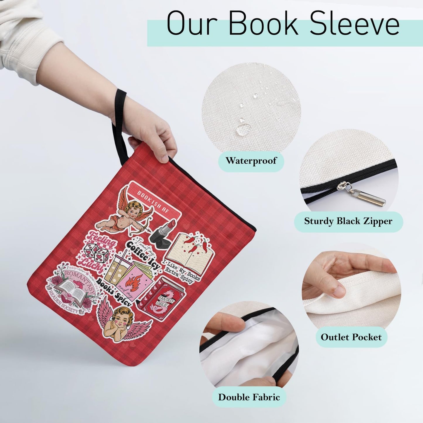 Y2K Book Sleeve Pouch Gifts for Women, Red Checkered Collage Style Book Covers for Paperbacks, Reading Accessories for Friends Book Lovers Reader Bookish Group Club with Pocket Handle