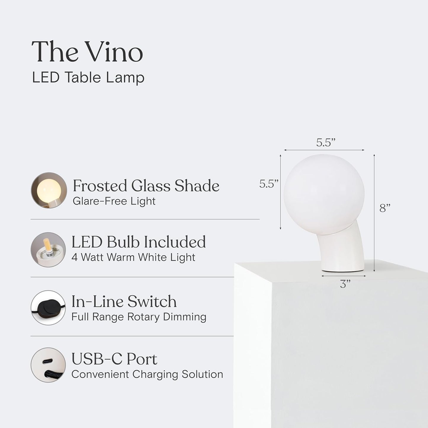 Brightech Vino LED Table Lamp - Small 8" Modern Dimmable Metal Lamp with USB-C Charging, Frosted Glass Globe Shade - Warm White Accent Light for Bedroom, Living Room, Bedside, Nightstand - Cream