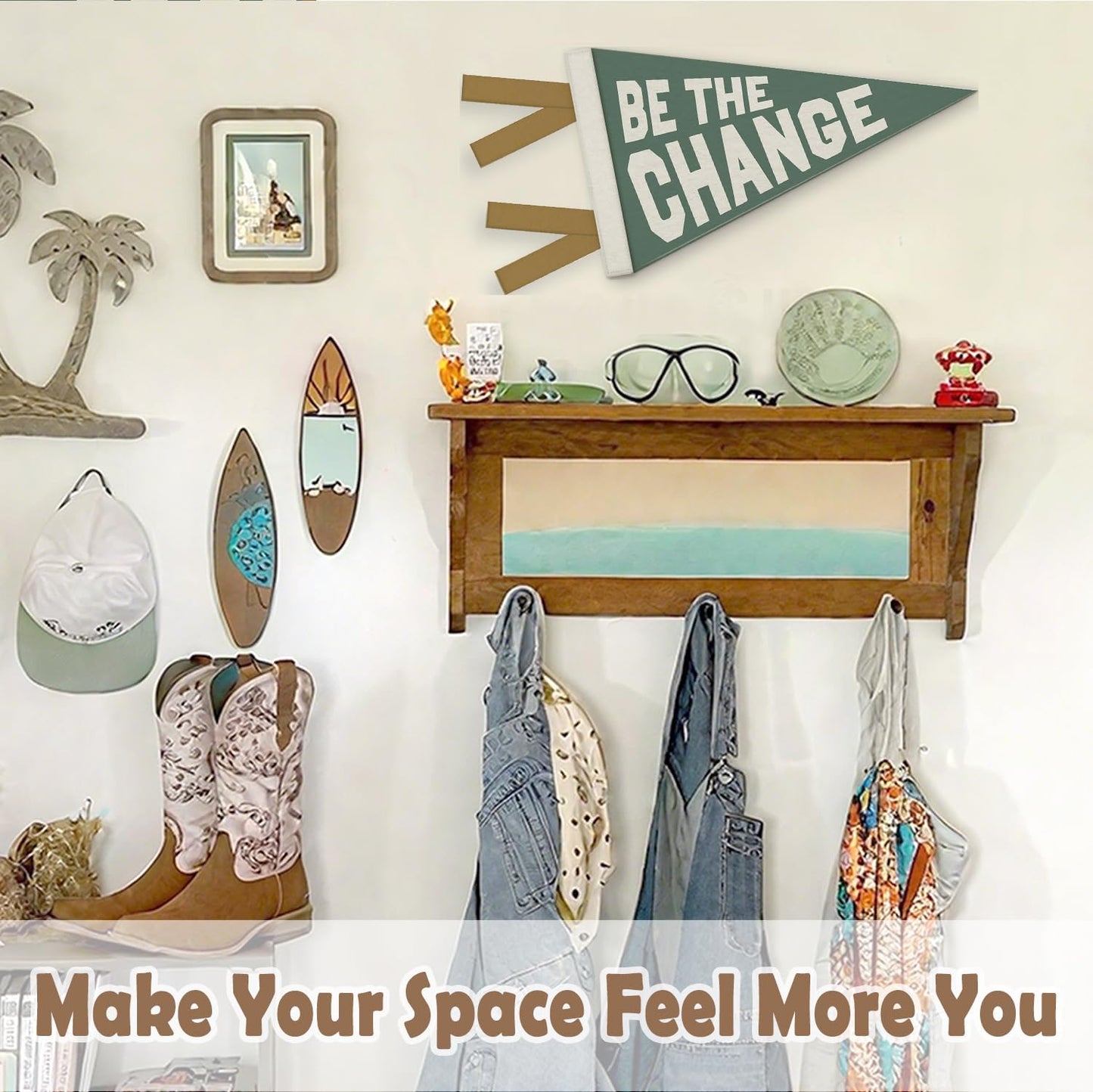 Kids Room Decor, Be the Change Inspirational Pennant Felt Banners Flags, Green Inspirational Wall Hanging Banner for Toddler Boys Nursery Room Bedroom Playroom Classroom Decor, 7.4x14 Inch