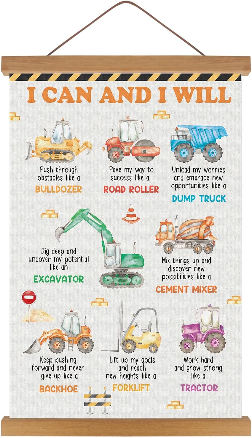 KAIRNE Construction Wall Art,Trucks Positive Affirmations Posters,Inspirational Construction Art Prints,Motivational Quotes Hanging Wall Decoration for Boys Room Living Room Bedroom Playroom Decor