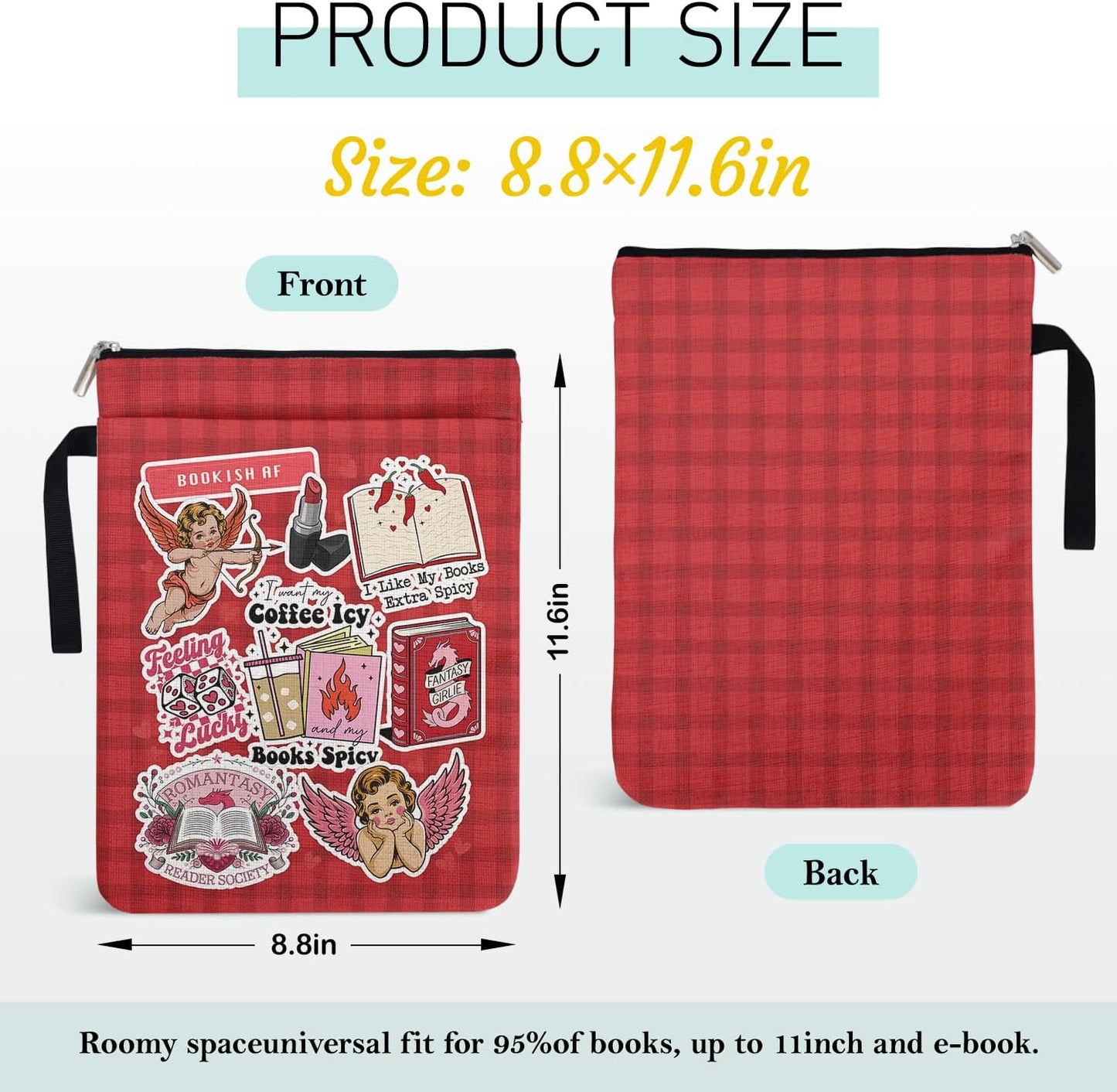 Y2K Book Sleeve Pouch Gifts for Women, Red Checkered Collage Style Book Covers for Paperbacks, Reading Accessories for Friends Book Lovers Reader Bookish Group Club with Pocket Handle