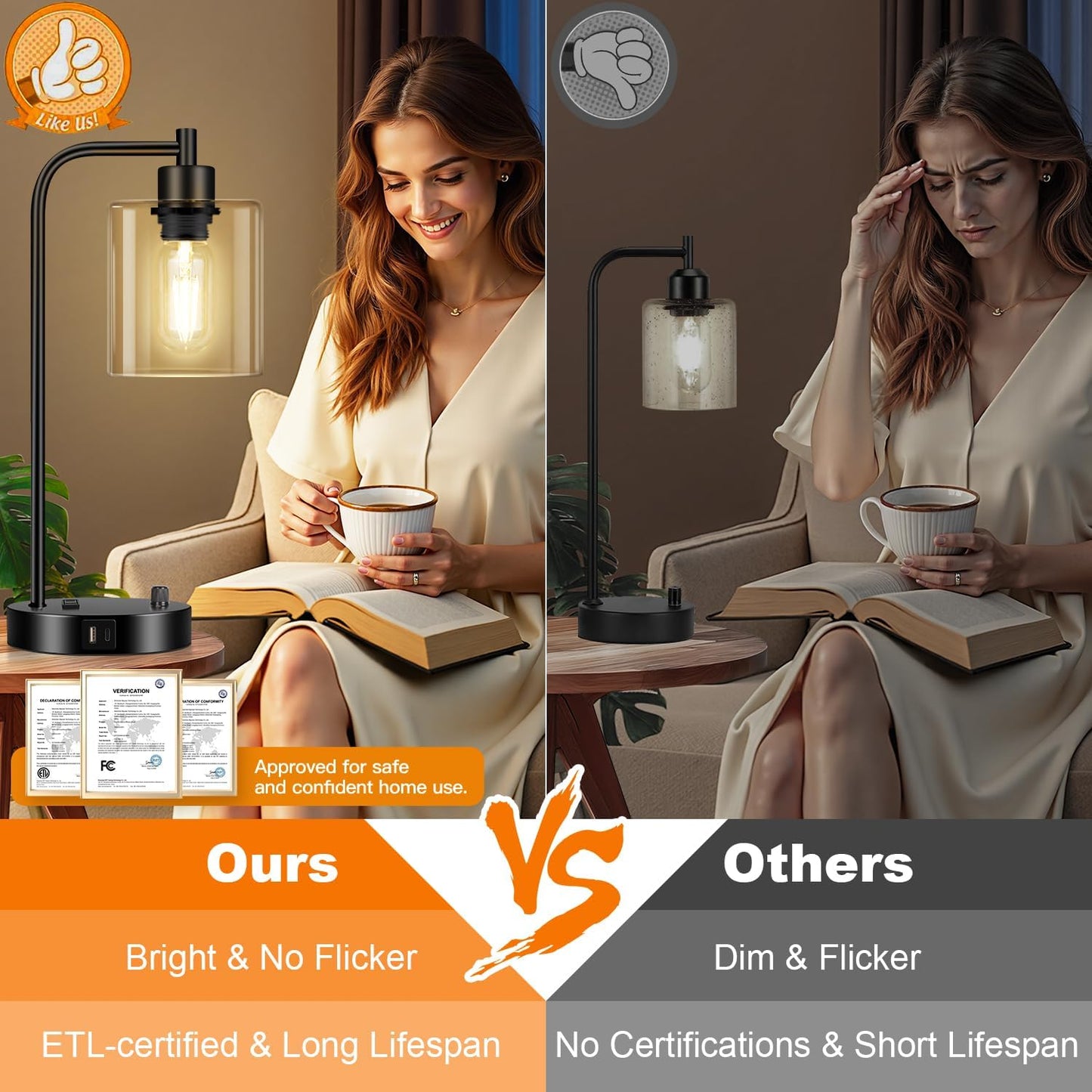 Industrial Table Lamp with USB A+C Ports and Outlet, Fully Stepless Dimmable Modern Nightstand Lamp, Glass Shade Bedside Desk Lamp for Bedroom Living Room Office, 8W 2700K LED Edison Bulb Included.