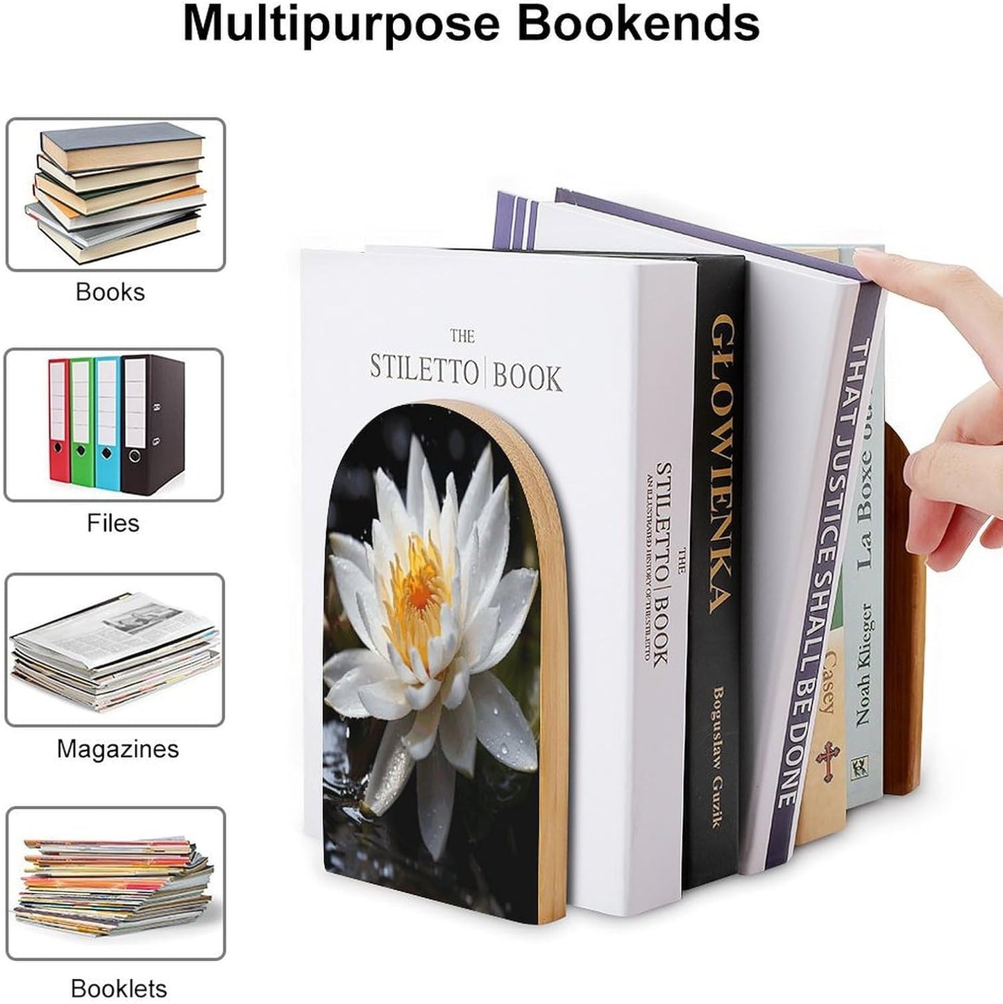 White Lotus Bookend for Shelves Wooden Book End Large Size Sturdy Book Holders Stoppers with Metal Base for Bookshelves Slick Decorative Bookends Stands