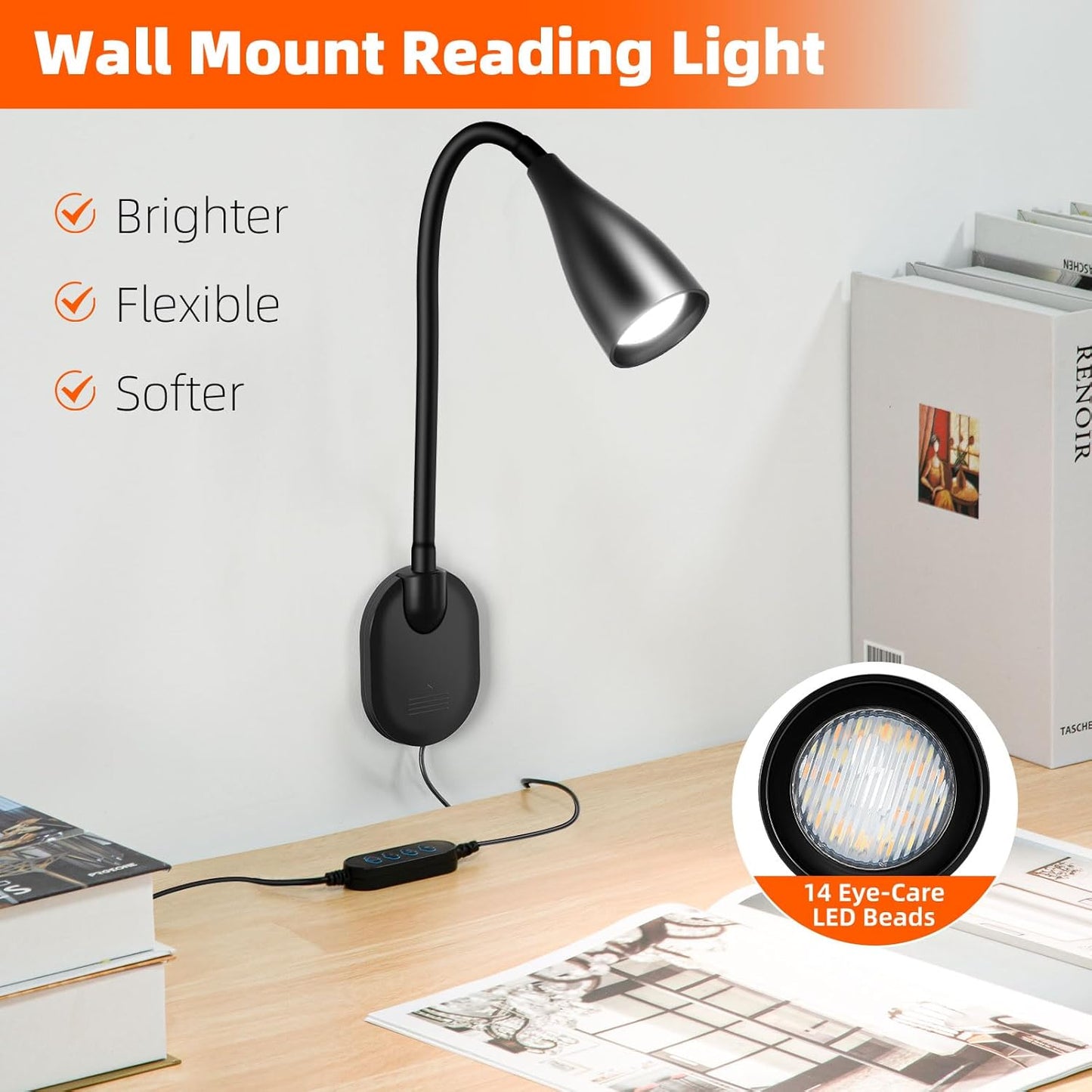 LED Wall Mounted Reading Light, 5 Color Modes 10 Brightness Dimmer, USB Charging Port, Memory & Timer, Adhesive Book Light for Reading in Bed, Eye-Caring Wall Lamps for Bedside Reading Bedroom Black