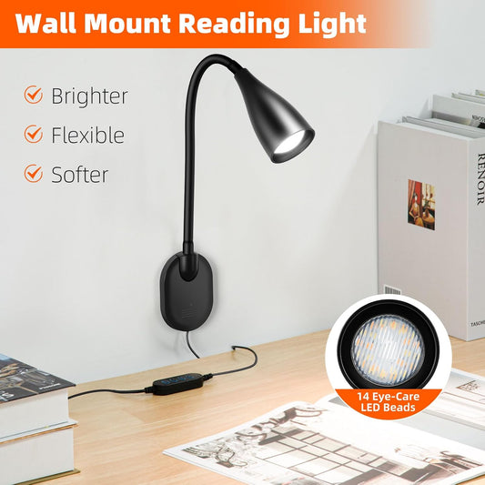 LED Wall Mounted Reading Light, 5 Color Modes 10 Brightness Dimmer, USB Charging Port, Memory & Timer, Adhesive Book Light for Reading in Bed, Eye-Caring Wall Lamps for Bedside Reading Bedroom Black