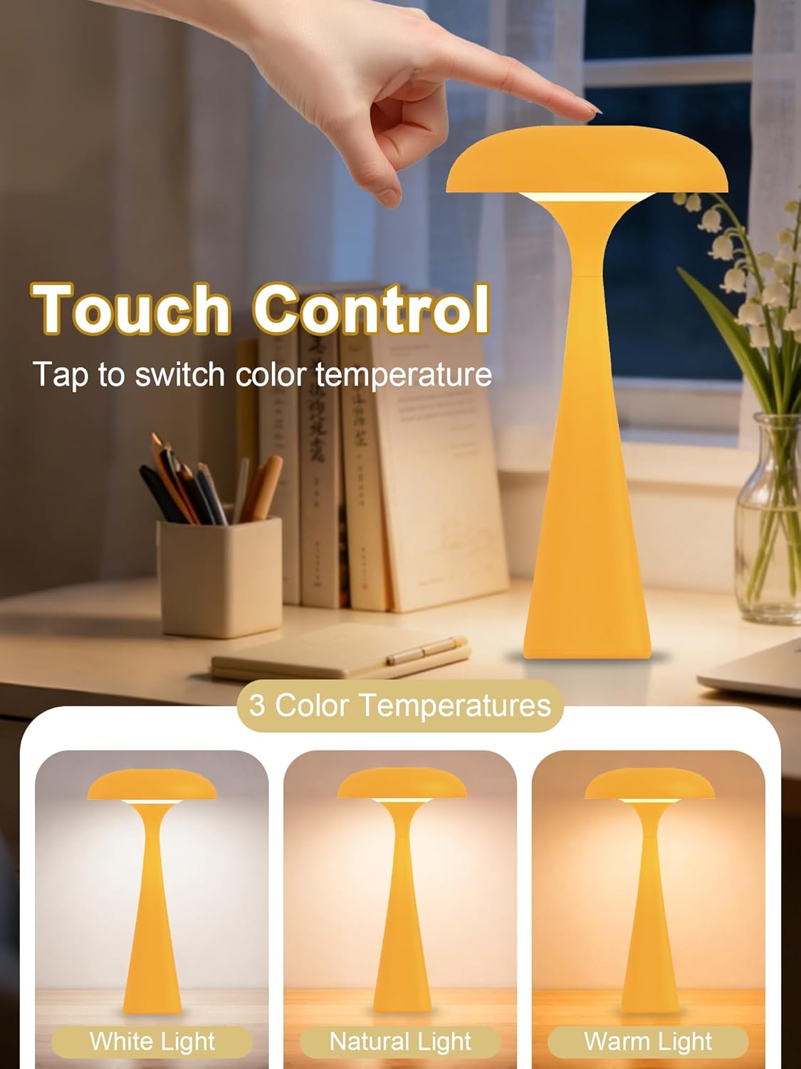 Cordless Table Lamp,Touch LED Reading Light,Cute Desk Lamp with 3 Colors Dimmable,Rechargeable Small Mushroom Lamp,Vintage Aesthetic Lamp for Bedroom Living Room Dorm Decor(Yellow)