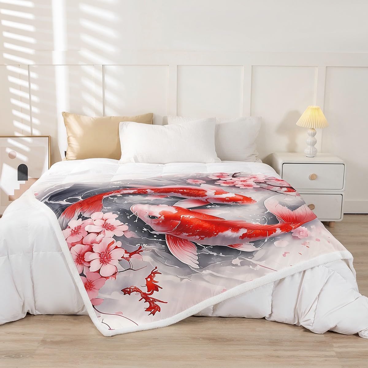 Feelyou Kids Japanese Koi Fish Fleece Throw Blanket Throw 50"x60" Cherry Blossoms Sherpa Blanket Boys Girls Japanese Style Plush Blanket Sakura Flower Floral Botanical Spring Fuzzy Blanket