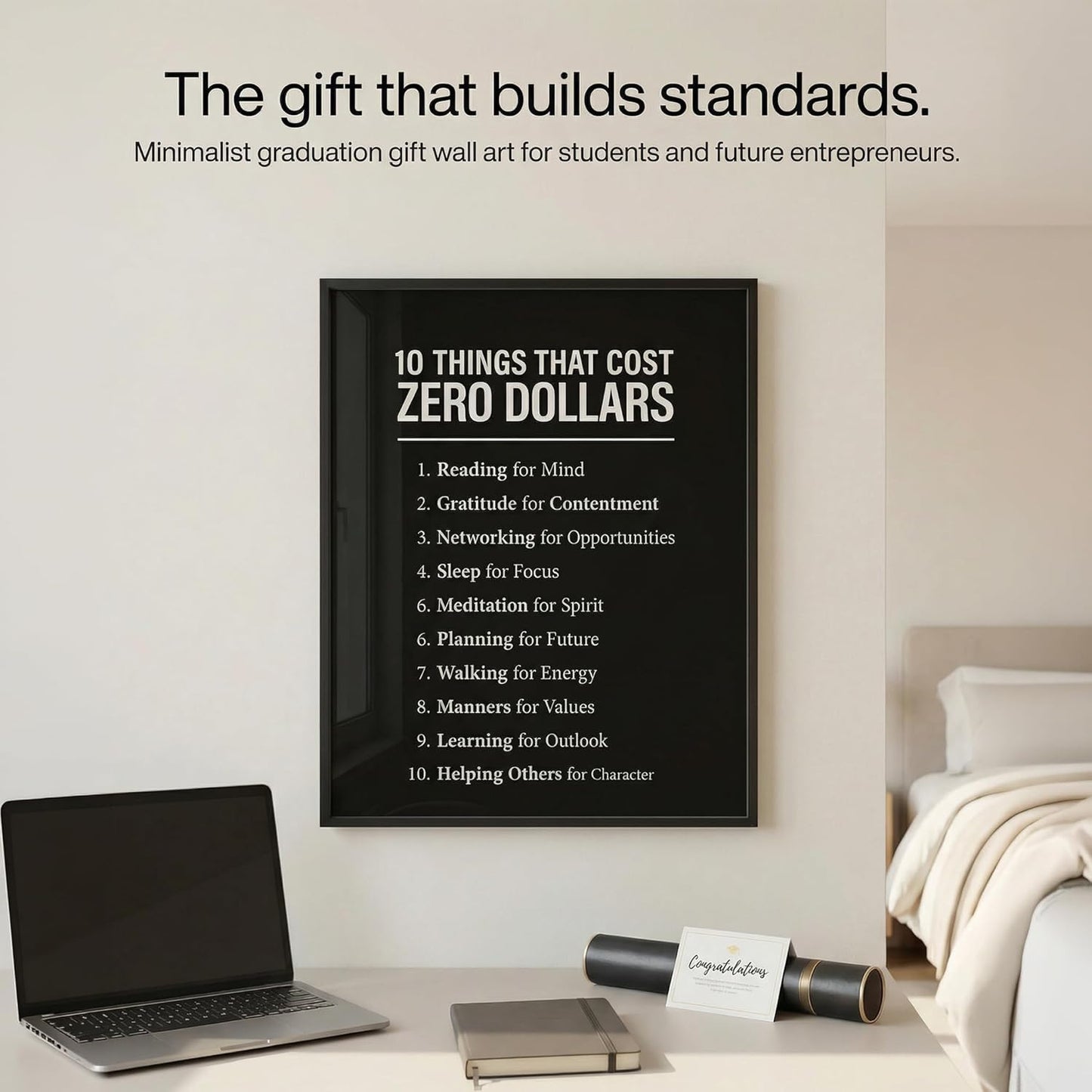 10 Things That Cost Zero Dollars Wall Art - Motivational Posters for Office, Classroom & Mental Health - Inspirational Self Care Checklist for Students, Entrepreneur & Team Building - 11x14