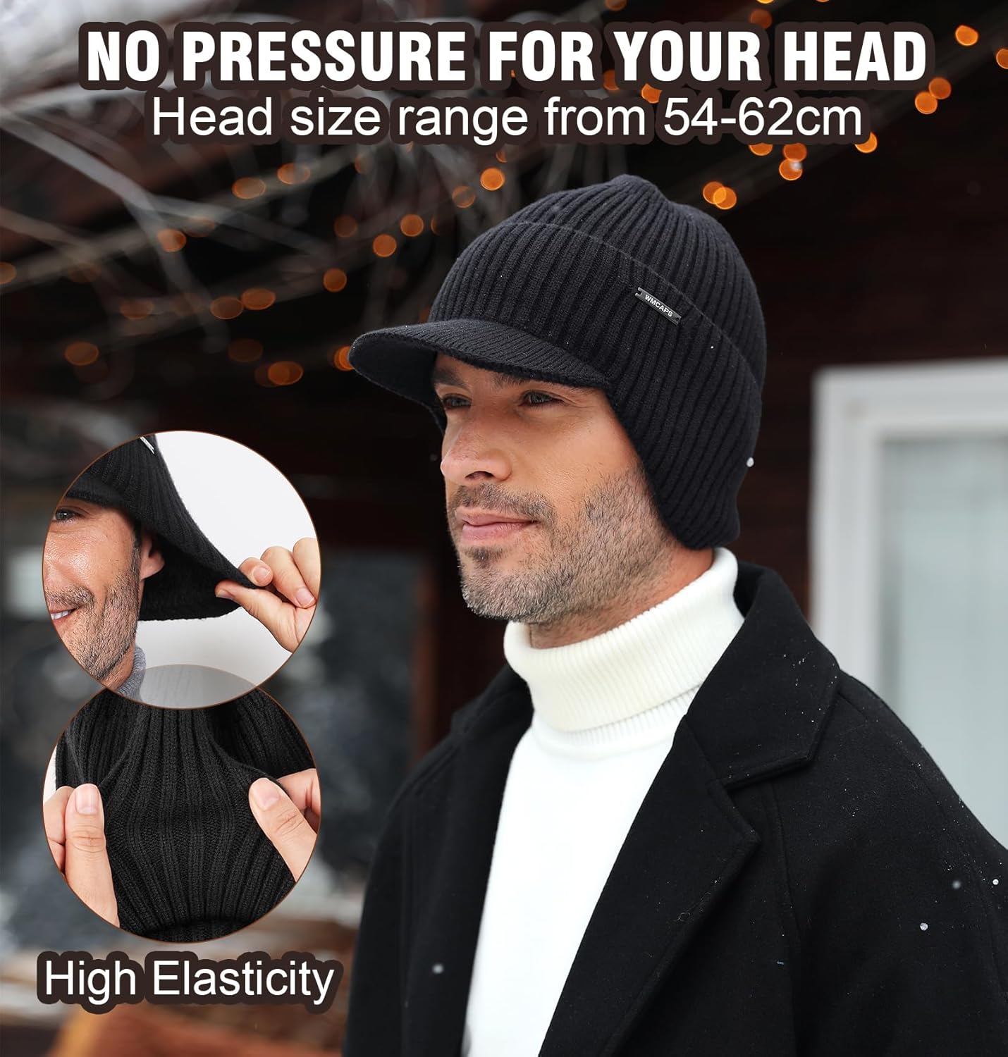 Wmcaps Winter Beanie with Brim and Ear Flaps, Outdoor Warm Fleece Lined Knit Hat Stocking Caps for Men Women