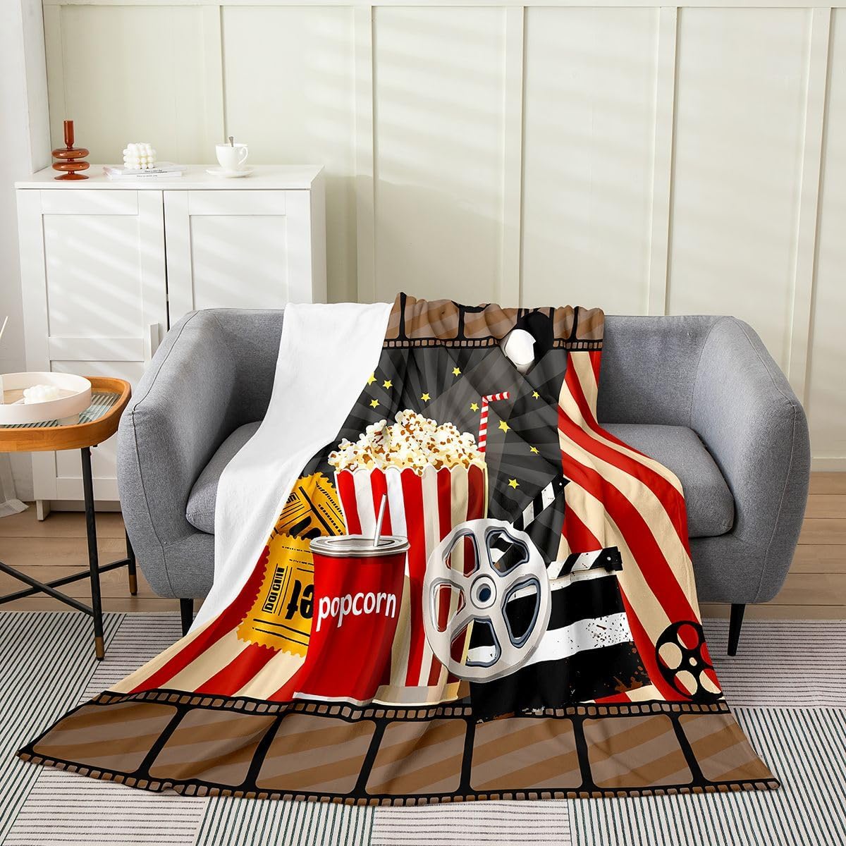 Feelyou Movie Theater All Season,Bed Blanket Cinema Poster Plush Throw Blanket, Popcorn Vintage Showing Flannel Fleece Blanket for Bedroom Decor Old Fashion Home Decor 40"x50"