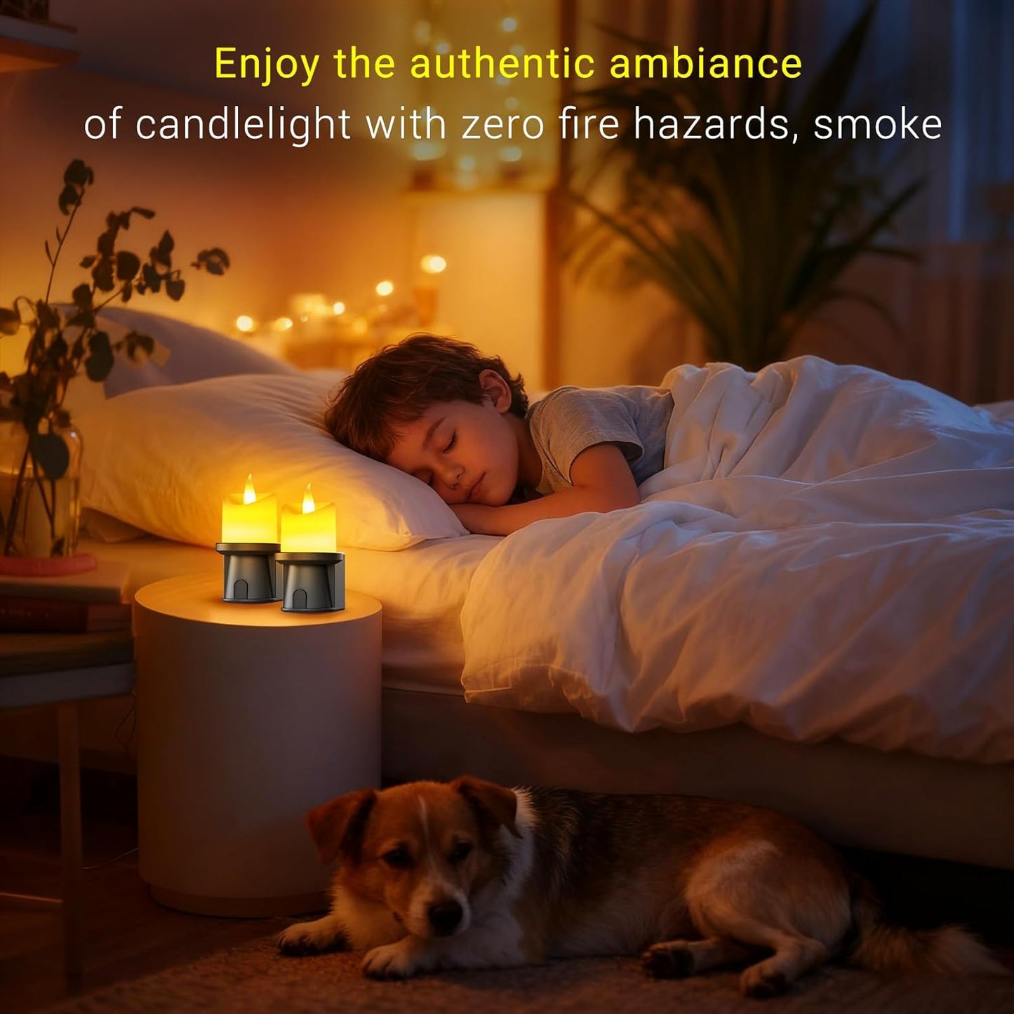 Flameless Candles Night Light with Flickering Flame, Battery Operated LED Night Light, Magnetic Attachment for Easy Placement, Realistic Candlelight for Home, Bathroom, Window Decor (Black, 2 Pack)