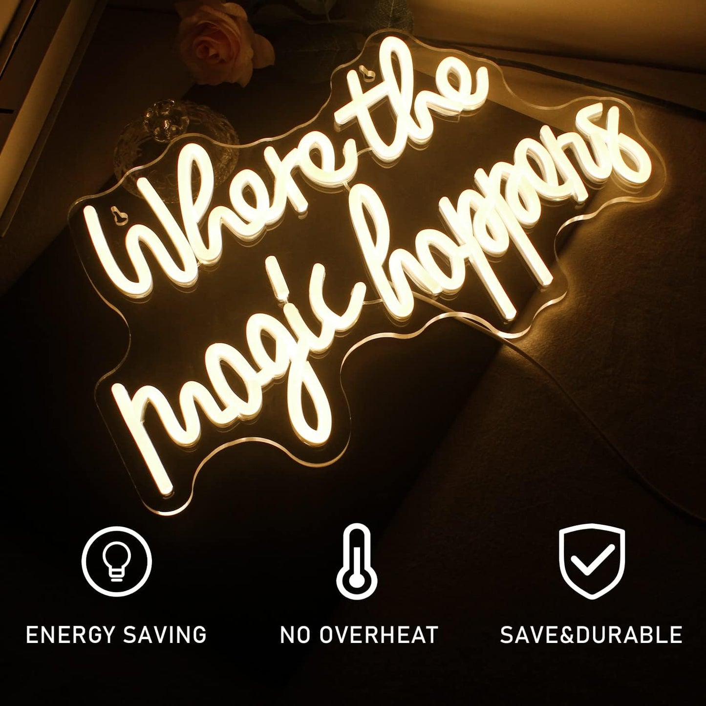 Where The Magic Happens Neon Sign Led Warm White Word Light Up Signs for Wall Decor Usb Powered Letter Neon Light Signs Indoor Light for Bedroom Salon Decor Wedding Birthday Party Bar
