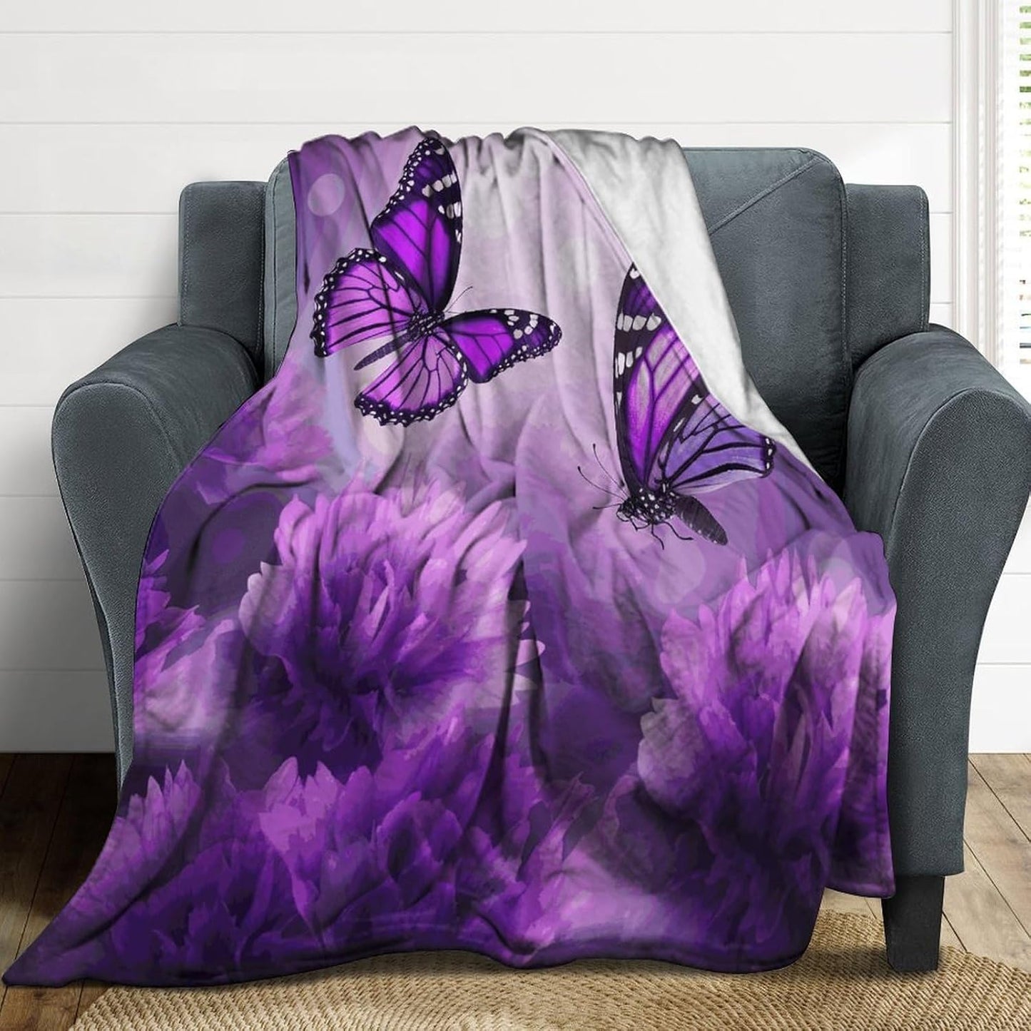 Purple Flower Butterflies Blanket Super Soft Lightweight Throw Blanket Cute Cozy Warm Bed Blanket Decorative Fuzzy Blanket All-Season Home Decor Gift for Sofa Couch Living Room 50"*60"（130 * 150cm）