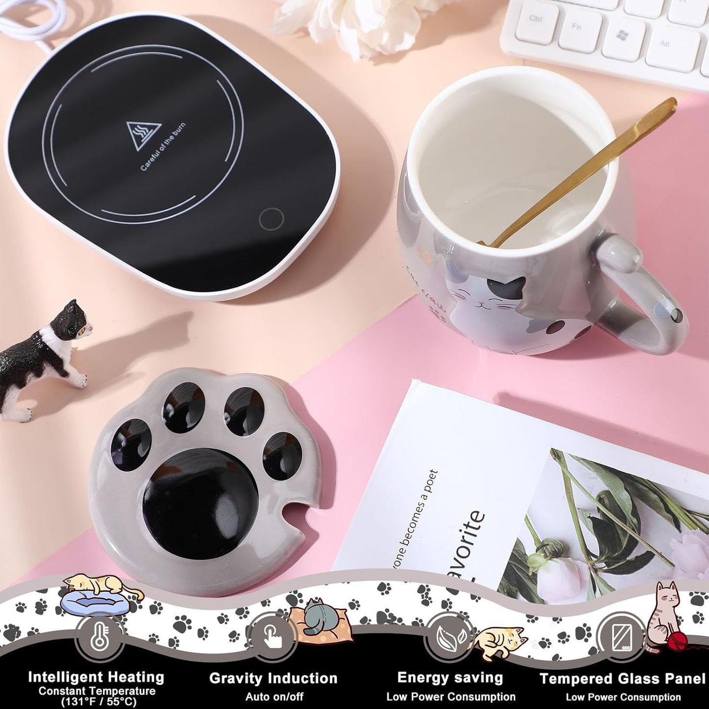 Honeydak Coffee Mug Warmer Cute Cat Mug Set Cup Warmer for Women Heated Coffee Warmers for Mom Home Office Desk Valentine's Day Anniversary Birthday Gifts(Cat,Gray)