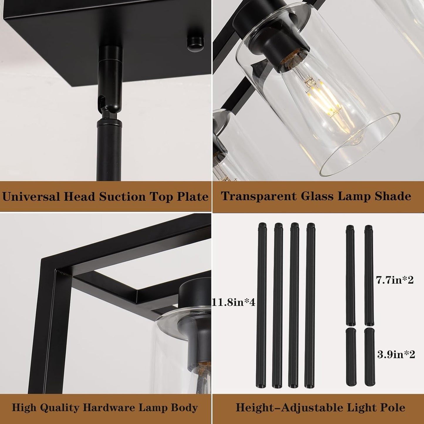 Farmhouse Dining Room Light Fixture Kitchen Island 6-Light Pendant Lighting， Adjustable Rectangle Black Contemporary Chandeliers with Glass Shade (6 Light)