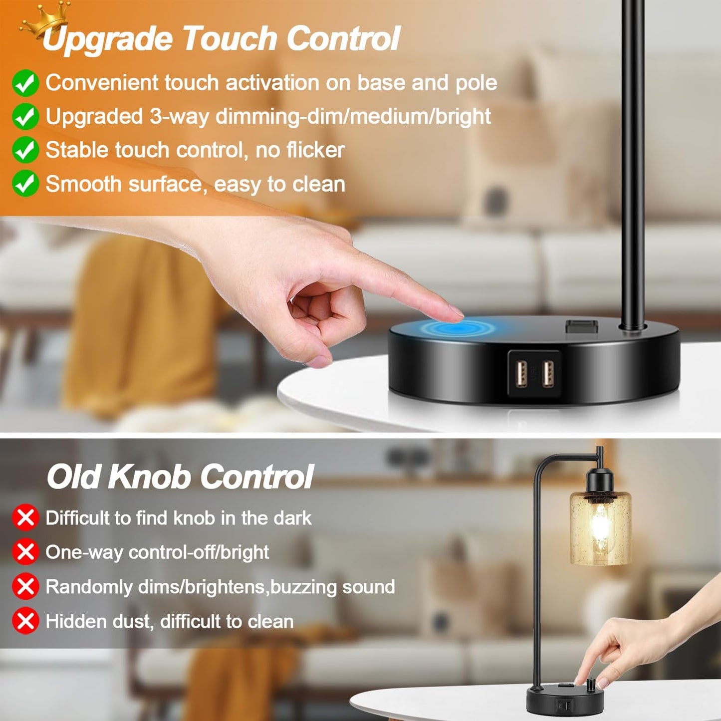 Set of 2 Industrial Touch Control Table Lamps with 2 USB Ports and AC Outlet - 3-Way Dimmable Black Bedside Lamp Nightstand Desk Lamps for Bedroom Living Room, Amber Glass Shade & 2 LED Bulbs Included