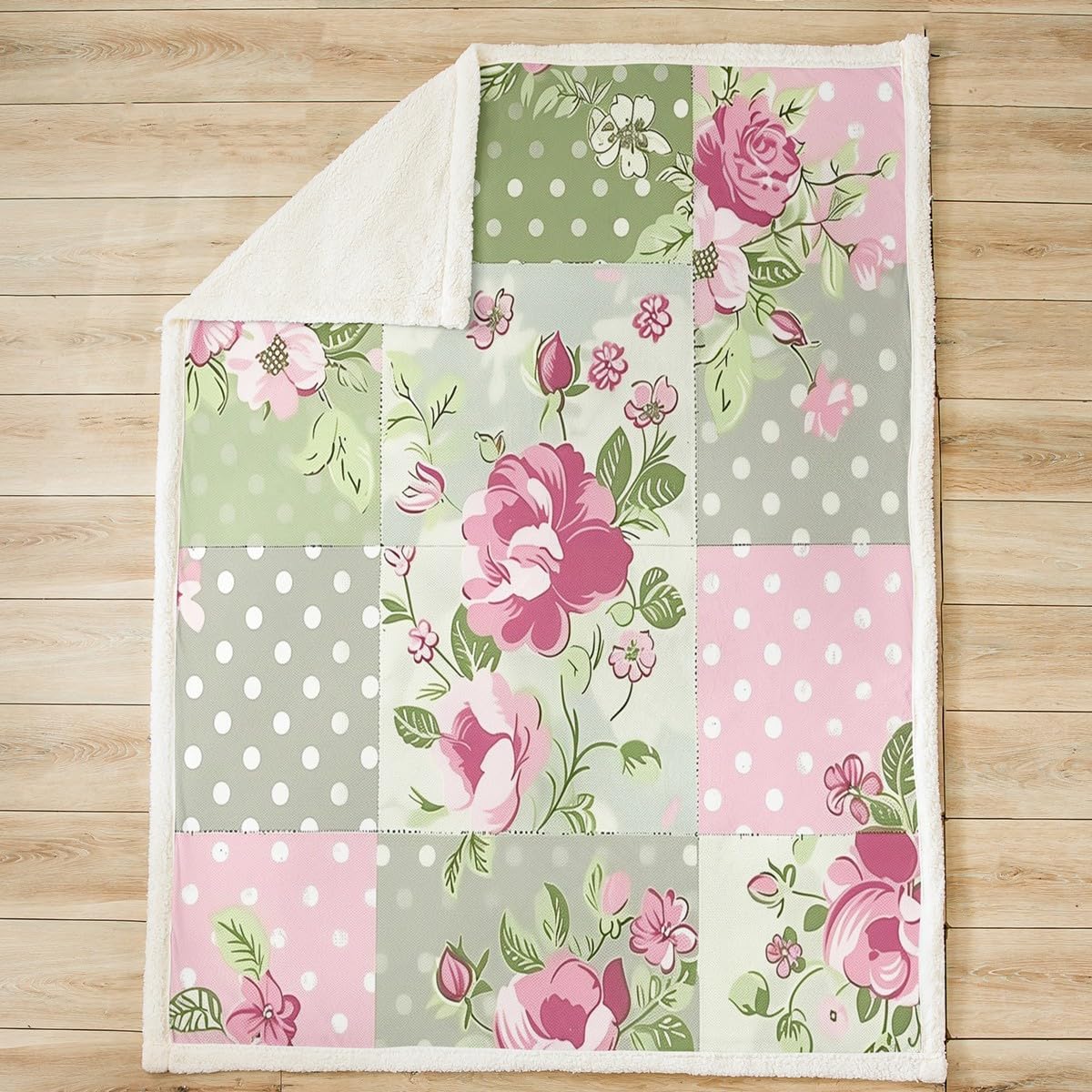 Feelyou Retro Flowers Fleece Throw Blanket Pink Flowers Sherpa Blanket for Kids Boys Girls Floral Plaid Patchwork Plush Blanket Cute Flower Fuzzy Blanket for Sofa Bed Couch,Throw 50x60 Inches
