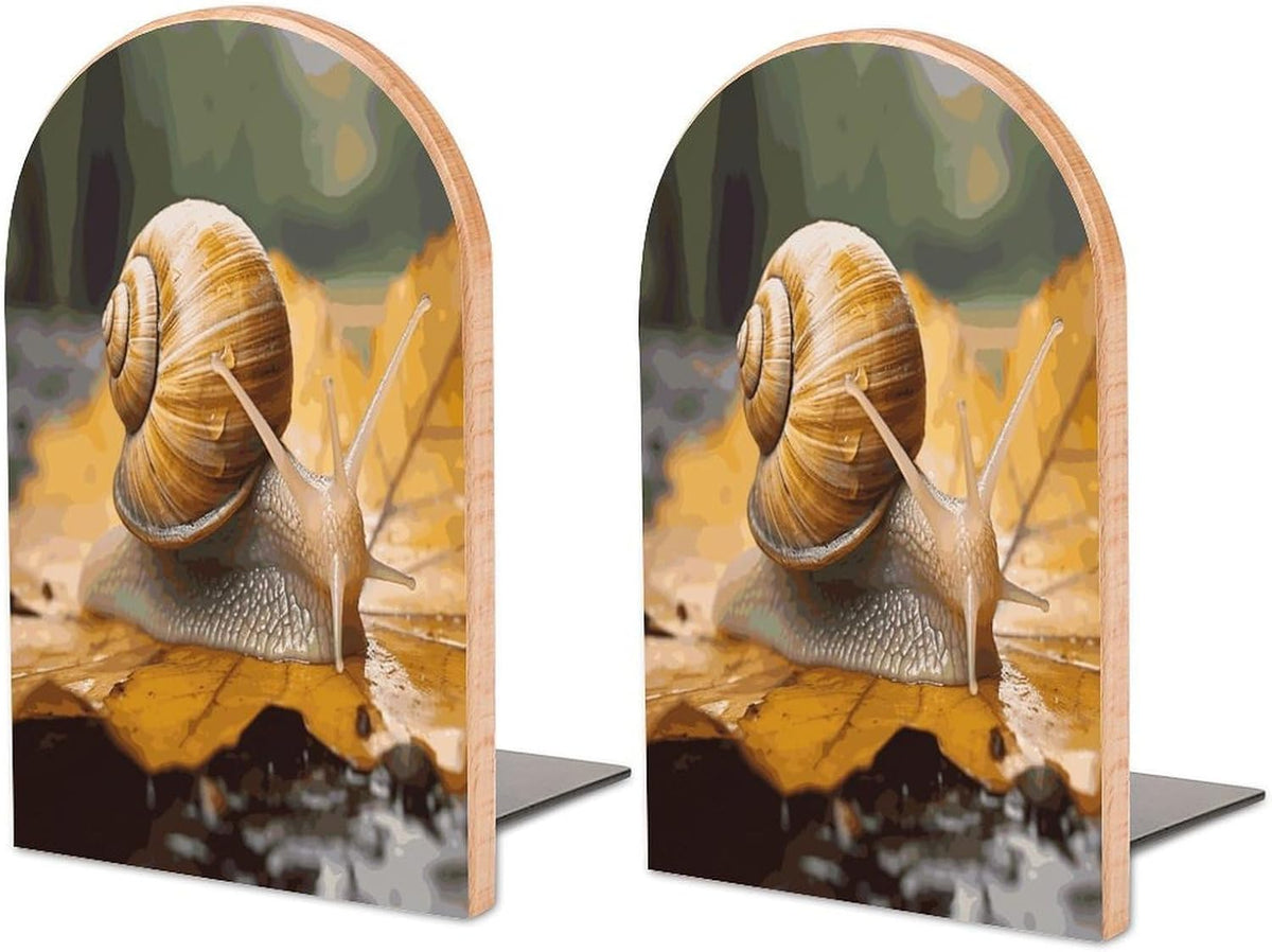 Snail in Leaves Wooden Bookend Non-Slip Book Ends Heavy Duty Book Stopper with Metal Base Books Holderd Decorative Bookends Stands Firmly for Office Supplies
